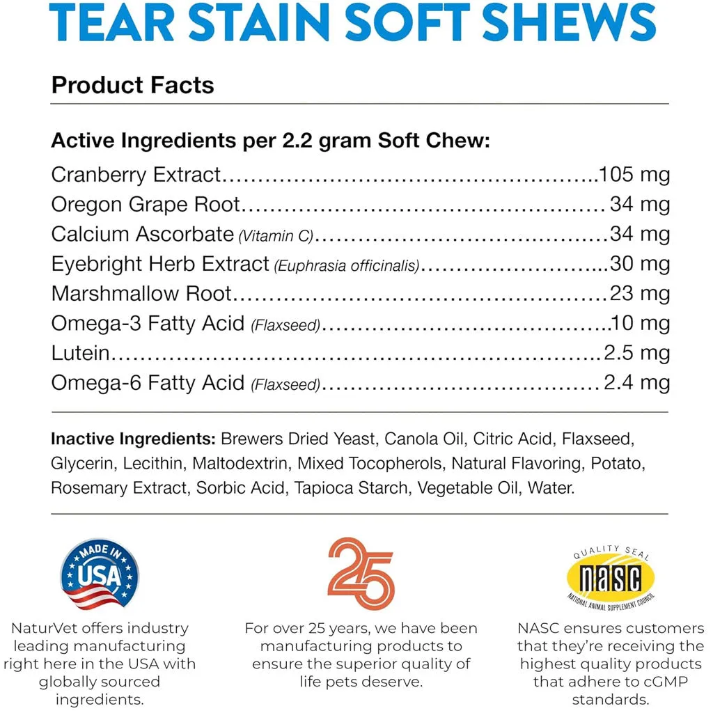 NaturVet Tear Stain Supplement Soft Chews with Lutein for Dogs & Cats, 70 count