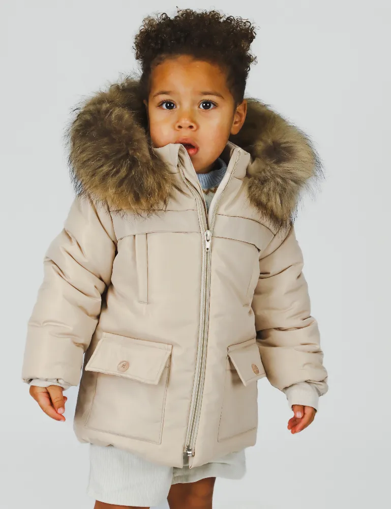 New In BUFI Boys Natural Colour Fur Trim Hooded Padded Jacket