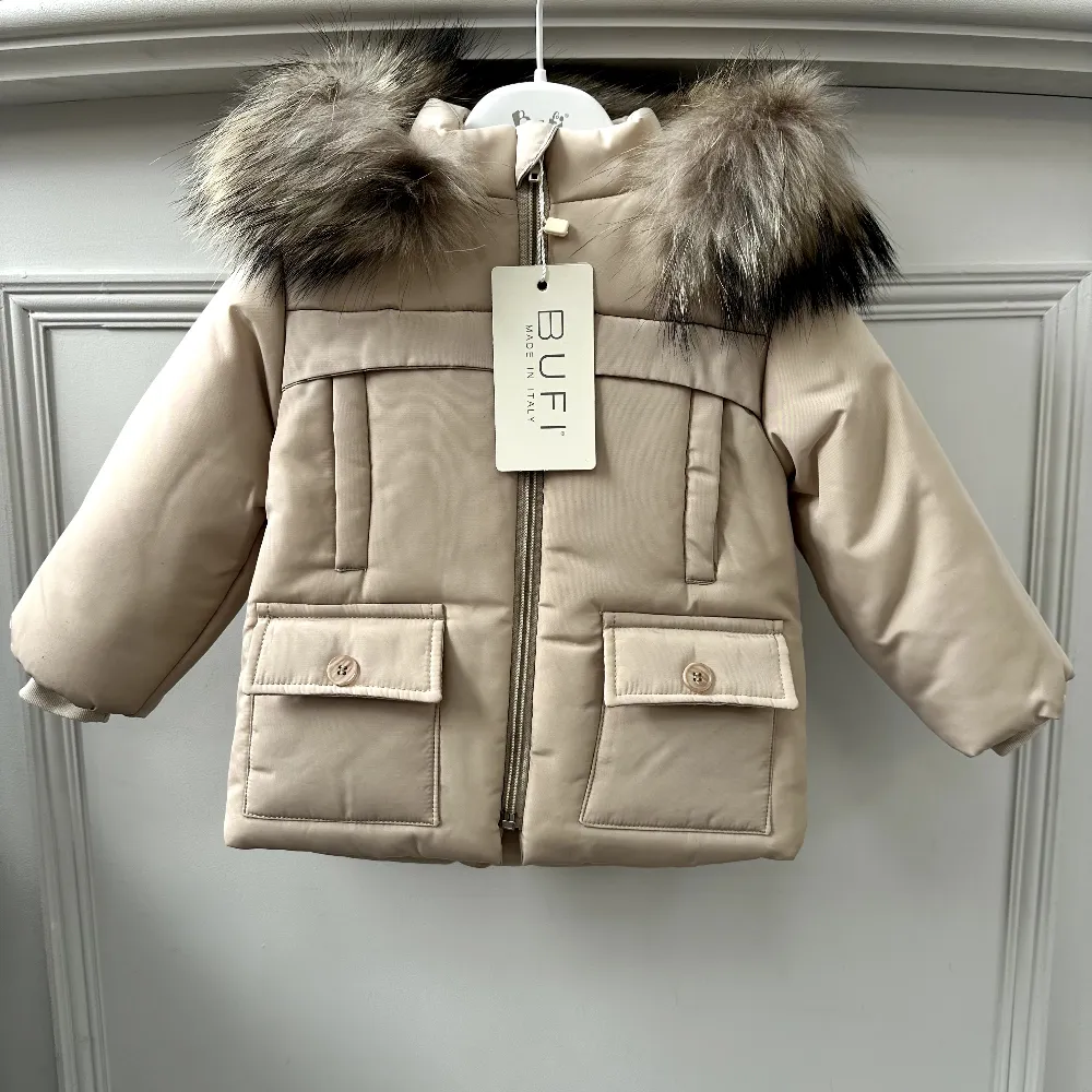 New In BUFI Boys Natural Colour Fur Trim Hooded Padded Jacket