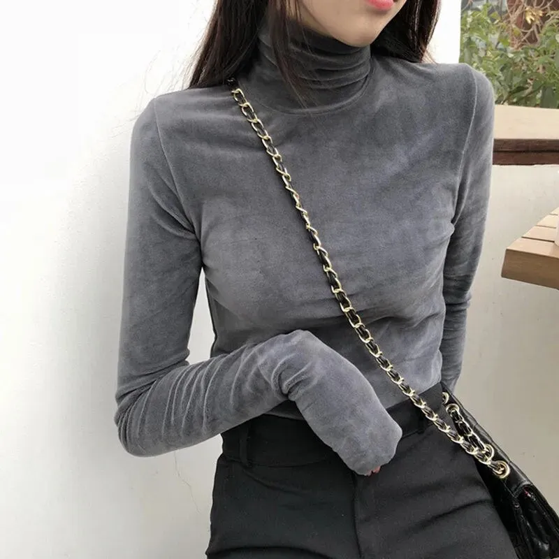 New Women Long Sleeve turtleneck velvety Top