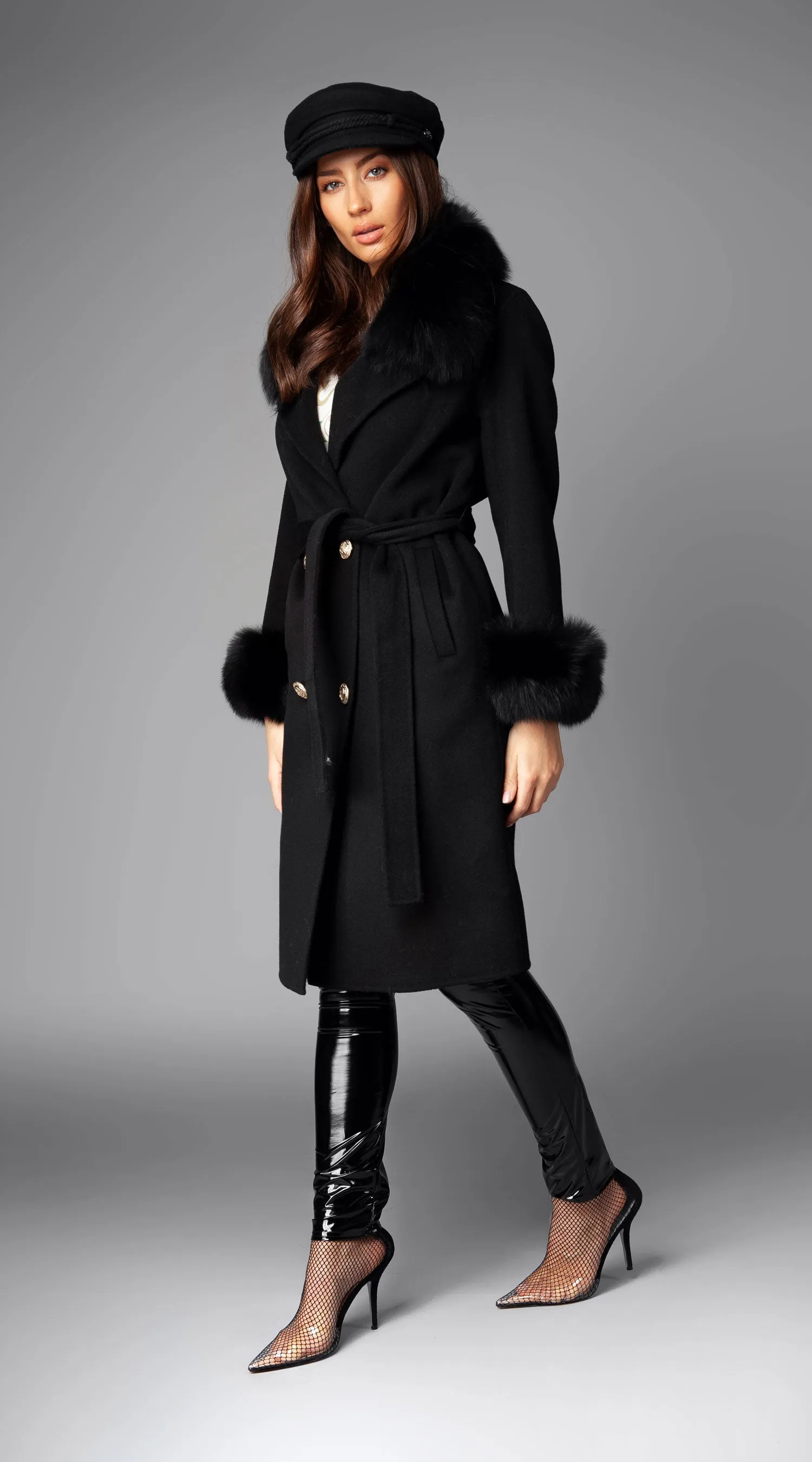 OUTLET Cashmere & Fox Fur Belted Coat - Black