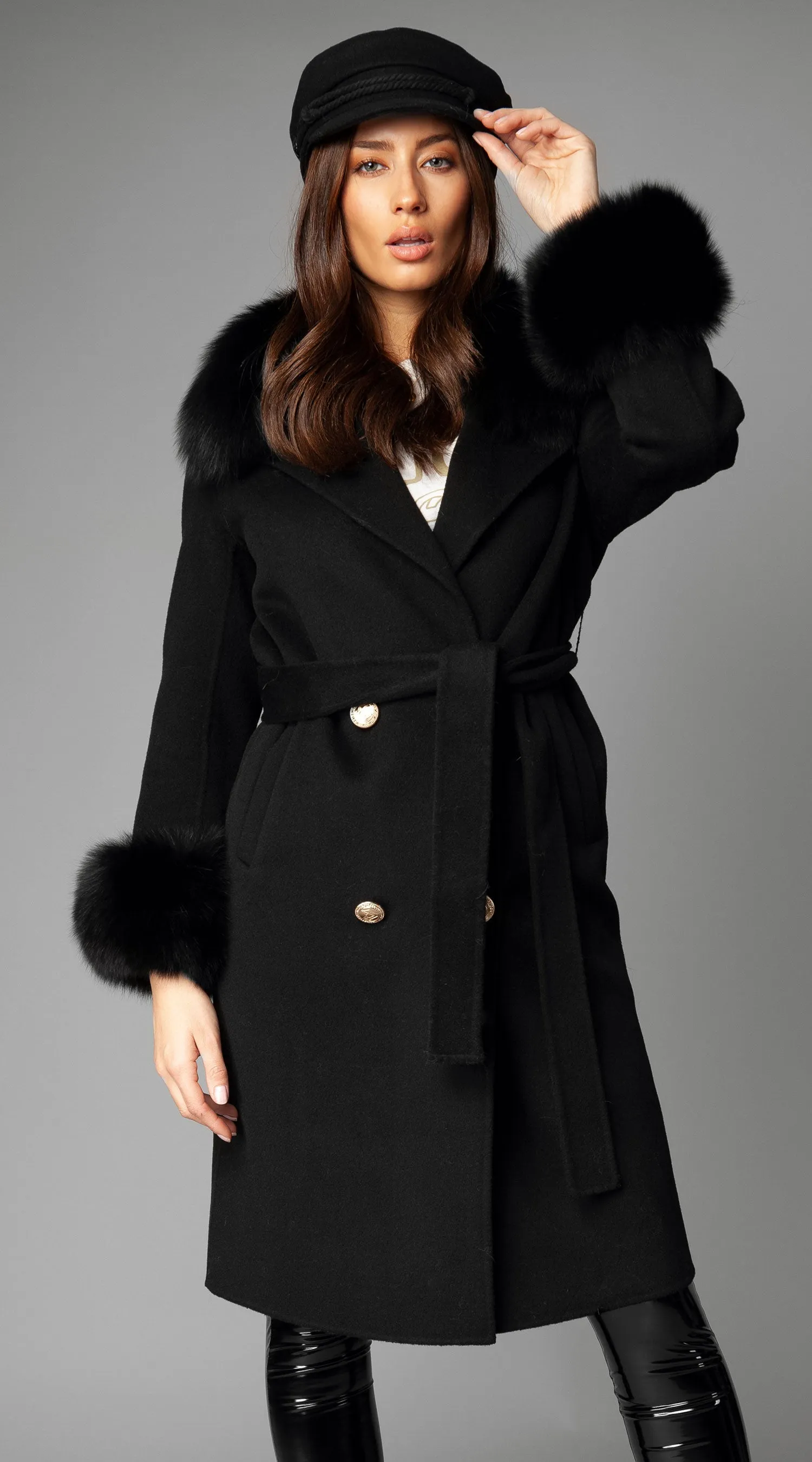 OUTLET Cashmere & Fox Fur Belted Coat - Black