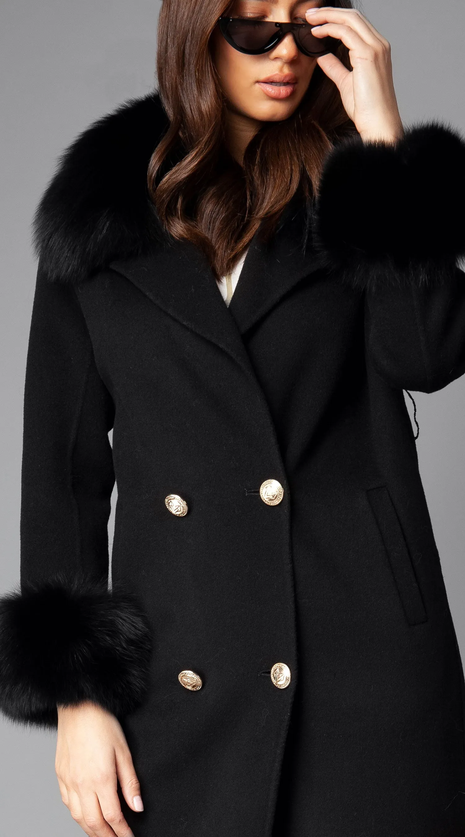 OUTLET Cashmere & Fox Fur Belted Coat - Black