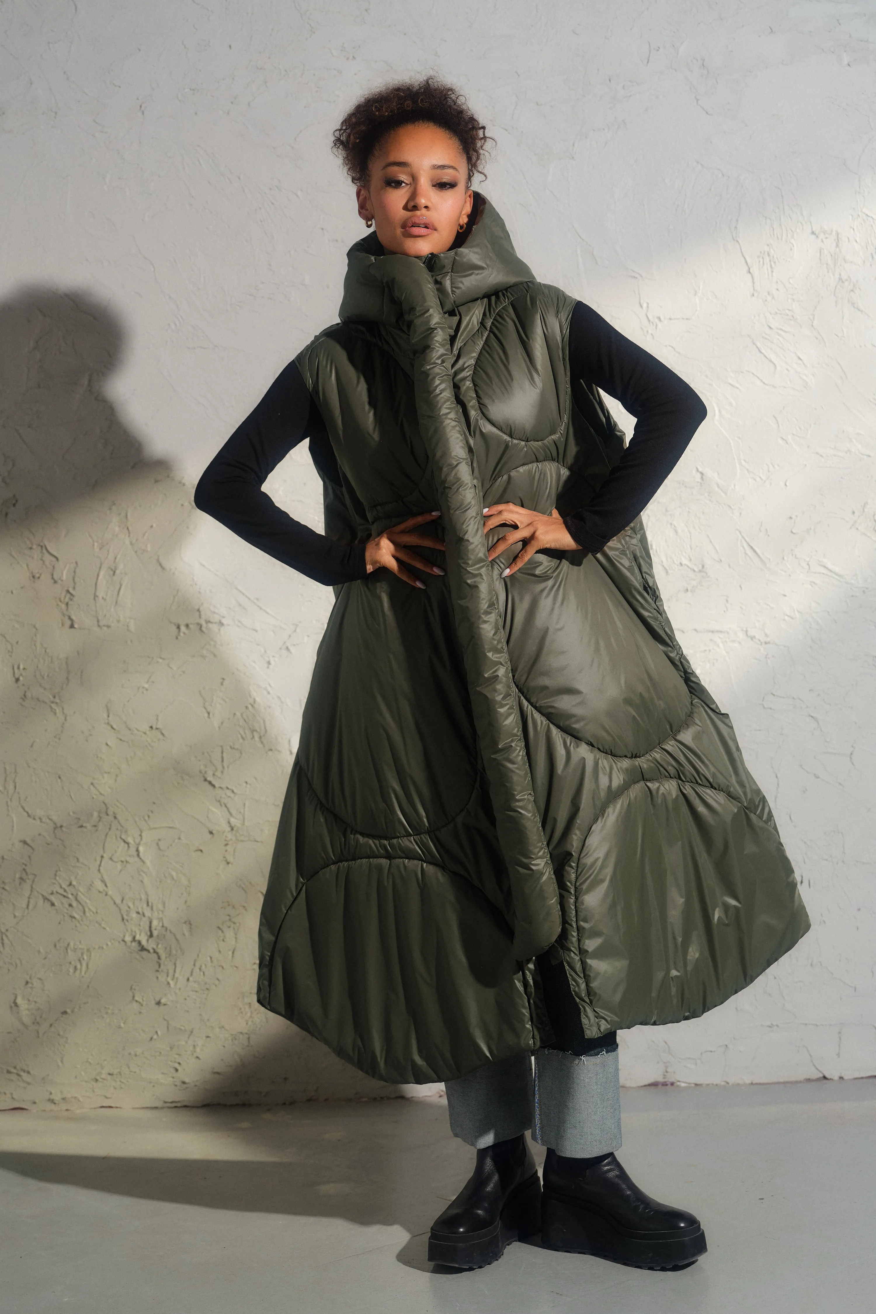 Oversized khaki green autumn/winter maxi puffer vest