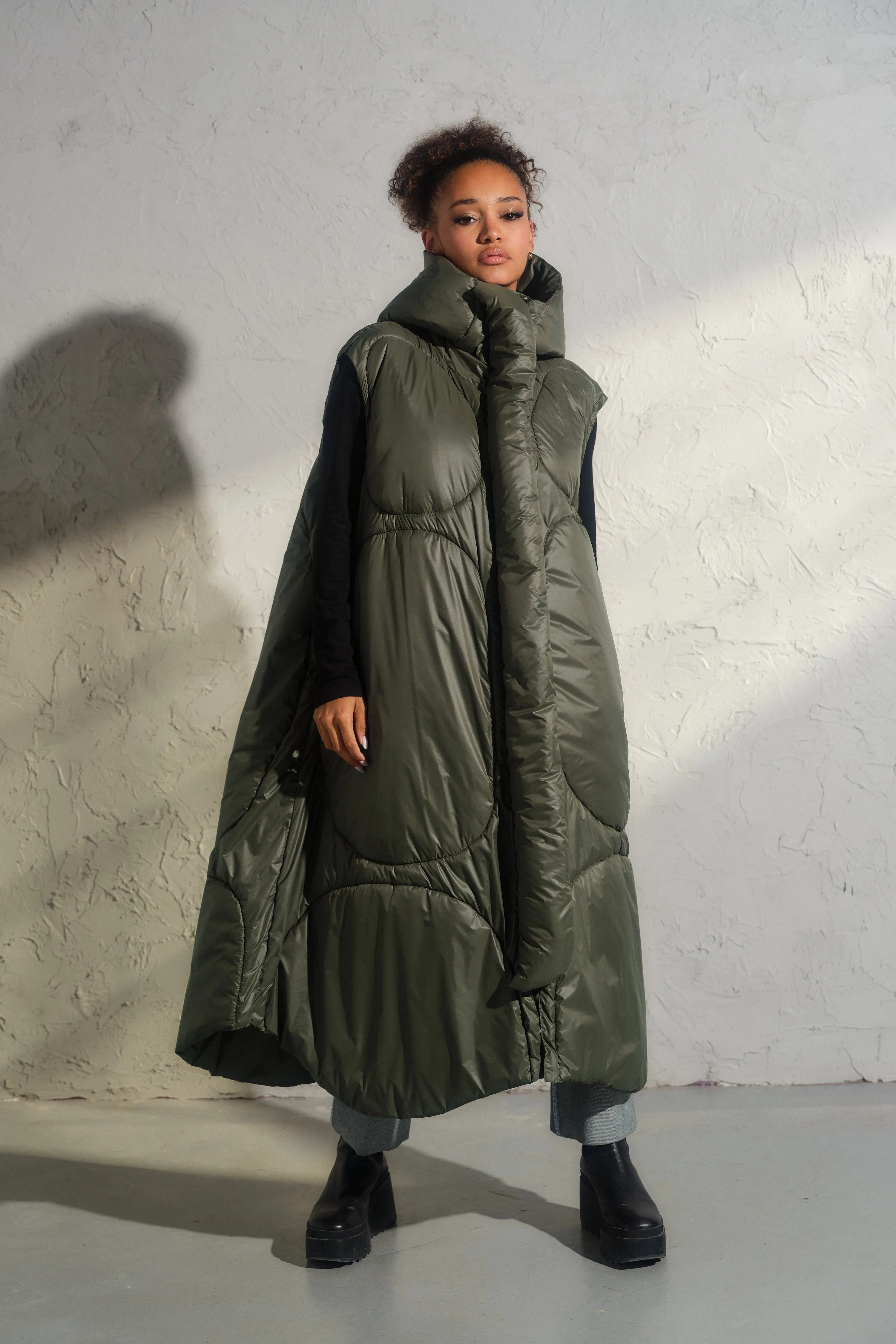 Oversized khaki green autumn/winter maxi puffer vest