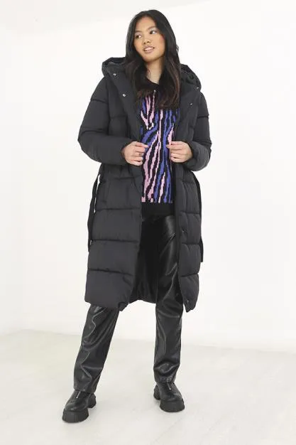 PADDED BELTED MAXI COAT WITH FIXED HOOD