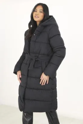 PADDED BELTED MAXI COAT WITH FIXED HOOD