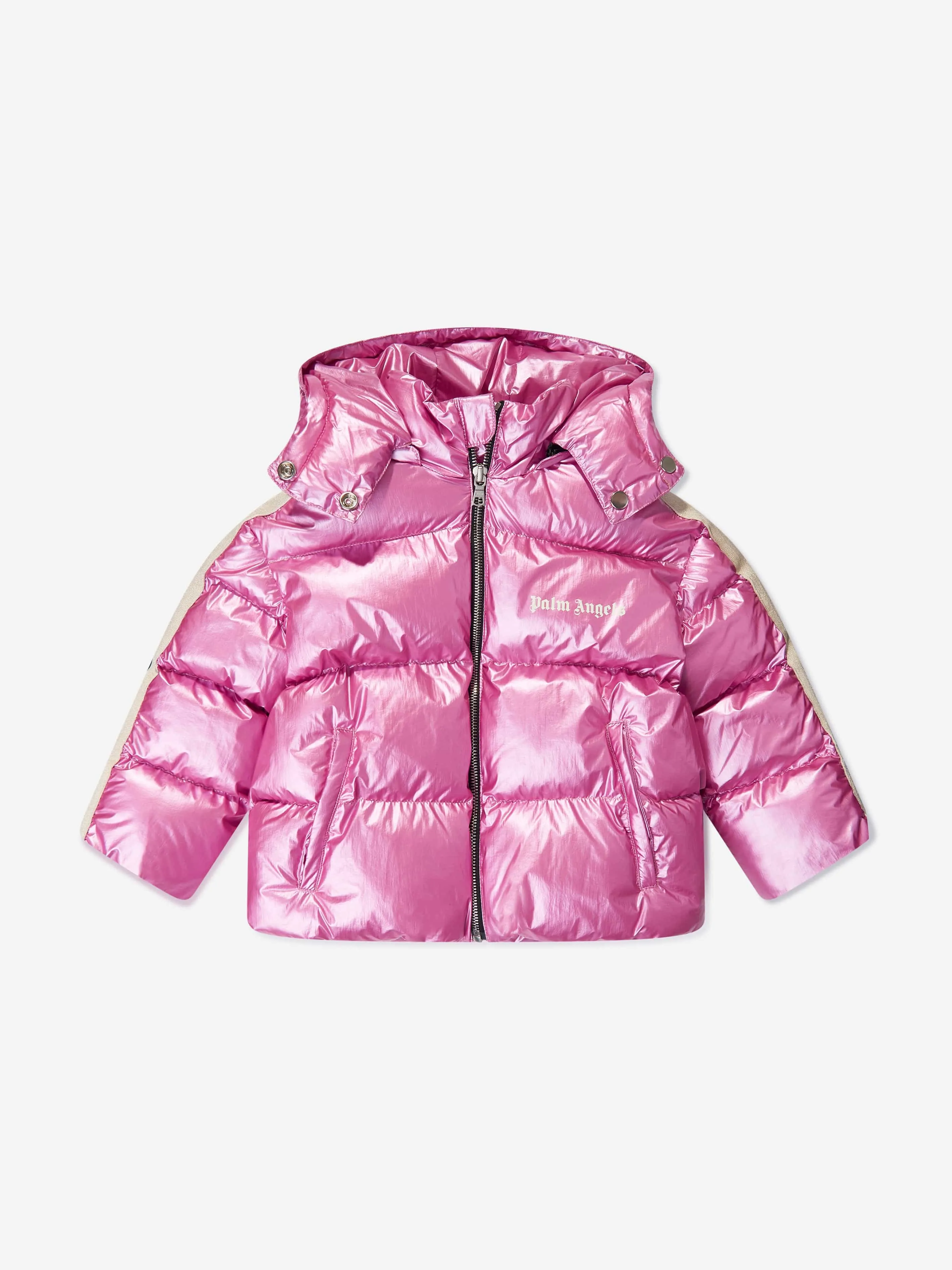 Palm Angels Girls Shiny Track Hooded Puffer Jacket in Pink