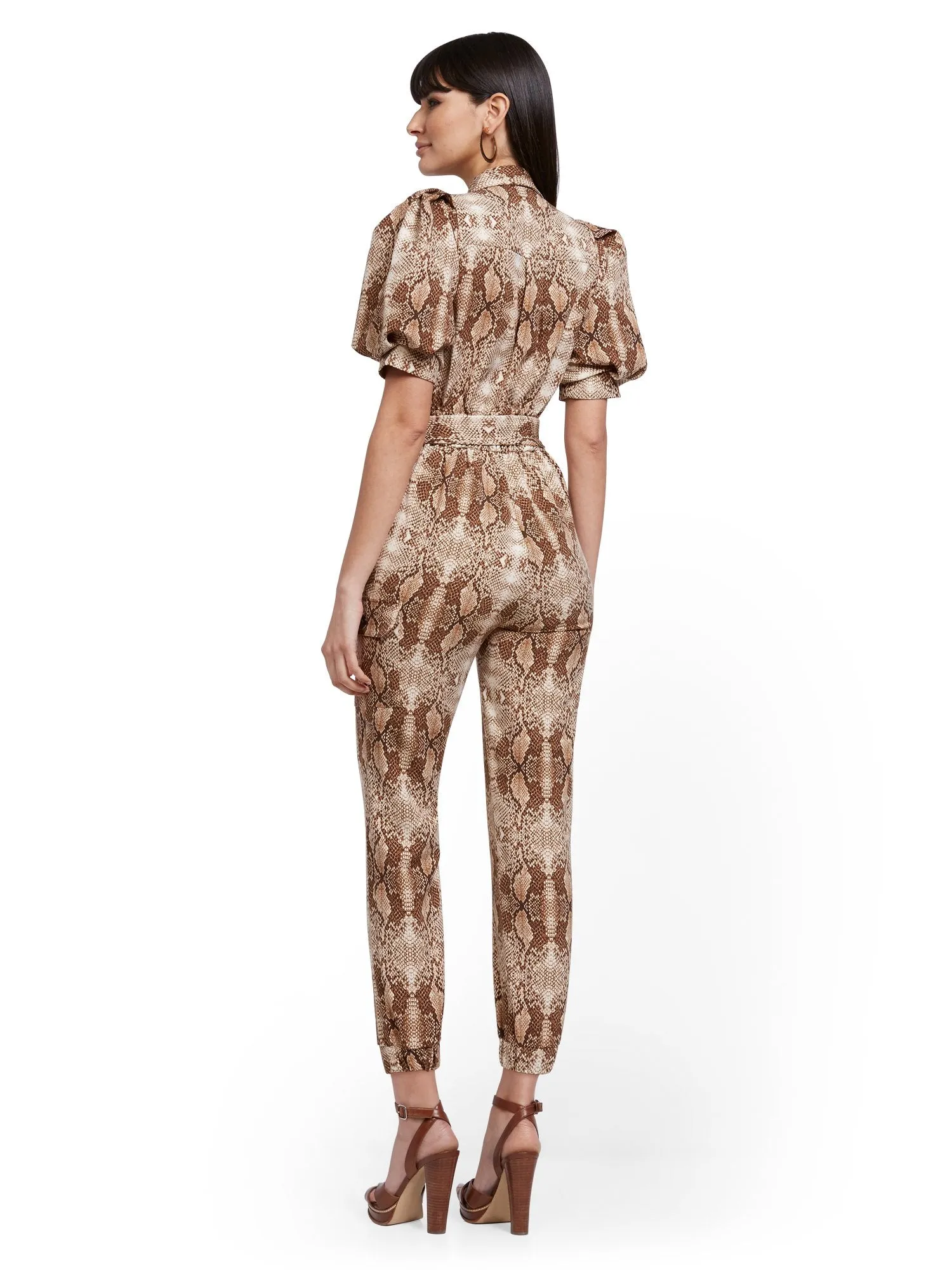 Puff-Sleeve Cargo Jumpsuit - Snake Print