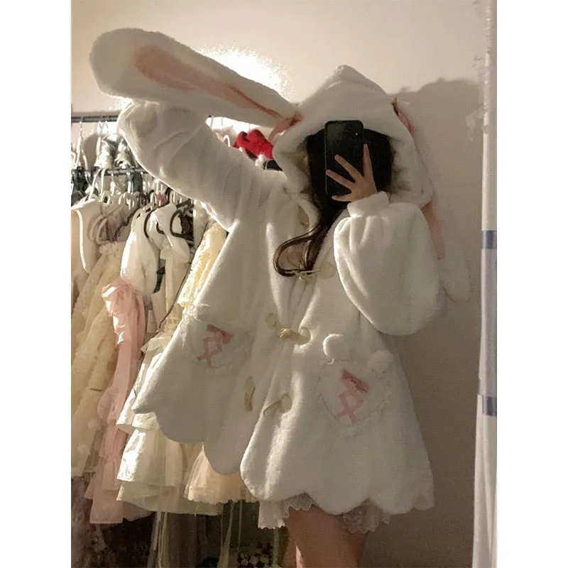 Purpdrank - Japanese Sweet Cute Rabbit Ears Furry Coat Women Winter Fleece-Lined Lamb Fur Cotton-Padded Jacket Horn Button Design Fur Coats