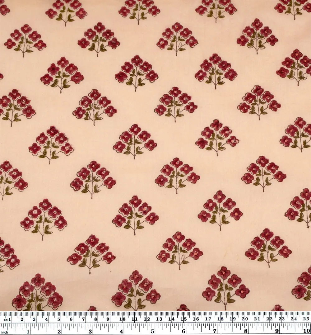 Remnant - 1.1m - Bloom Block Printed Organic Cotton Batiste - Biscotti/Cranberry