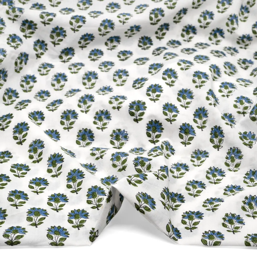 REMNANT - 1.2m Bloom Block Printed Organic Cotton Batiste - White/Grass/Blue Pool