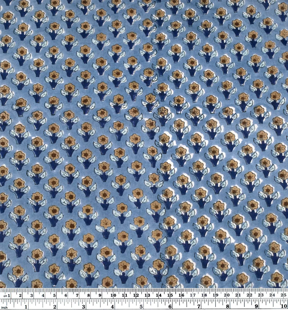 Remnant - 1.3m - Bloom Block Printed Organic Cotton Batiste - Bluestone/Mushroom/Navy