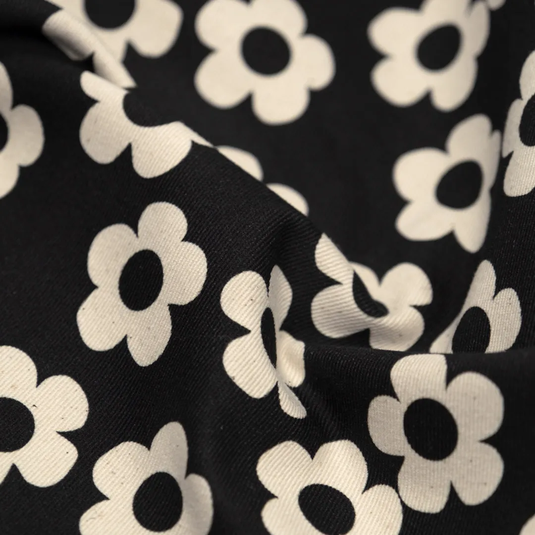 Remnant - 1.3m - Buttercup Printed Cotton Twill - Black *FLAWED*