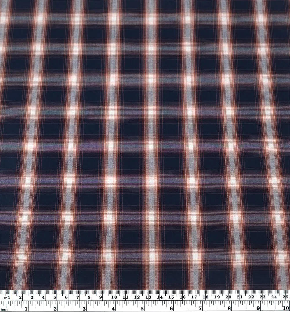 Remnant -  1.5m - Plaid Cotton Shirting - Midnight Blue/Rust/White