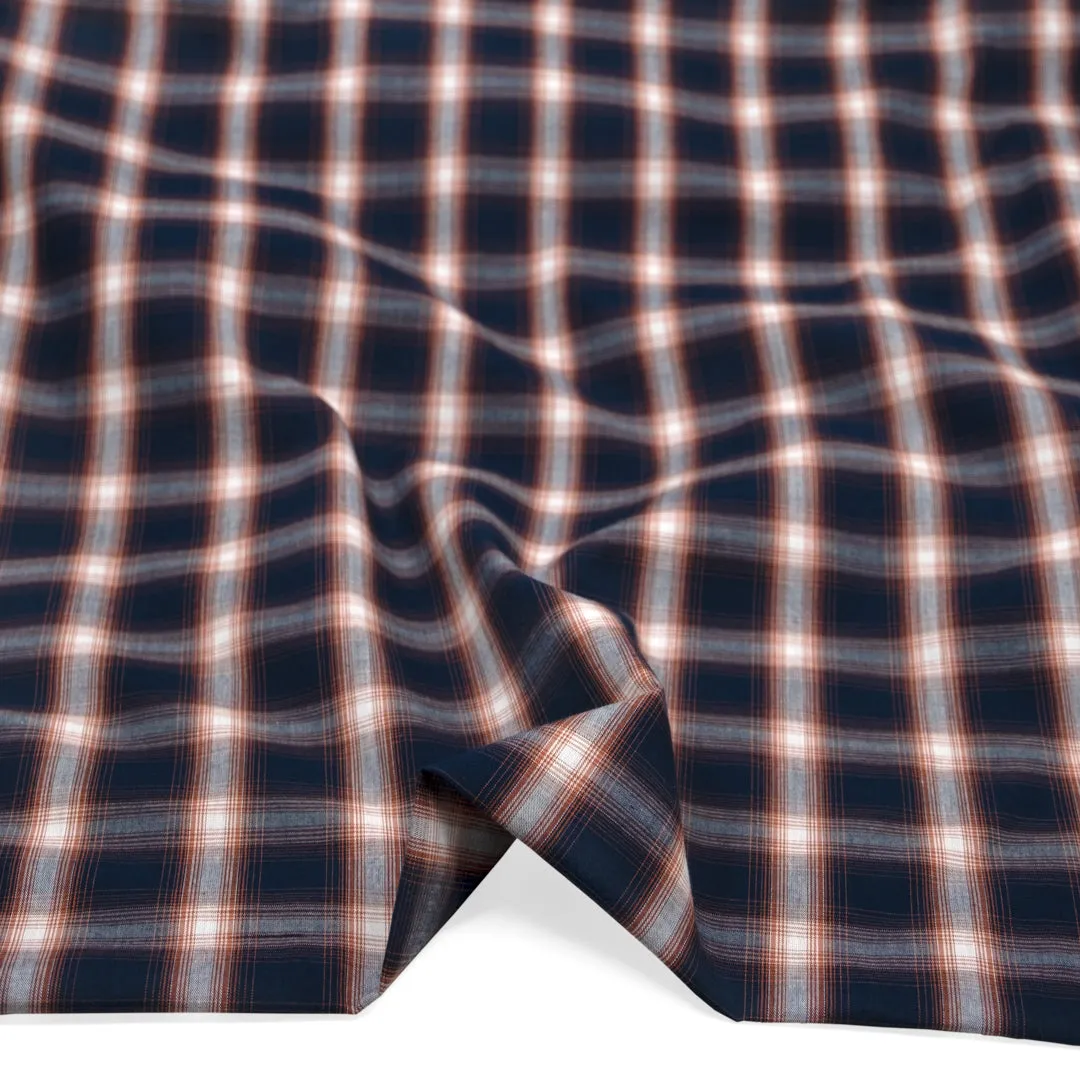 Remnant -  1.5m - Plaid Cotton Shirting - Midnight Blue/Rust/White