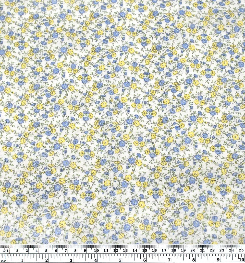 Remnant - 1.5m - Prairie Floral Crinkle Cotton - White/Lemon/Cornflower