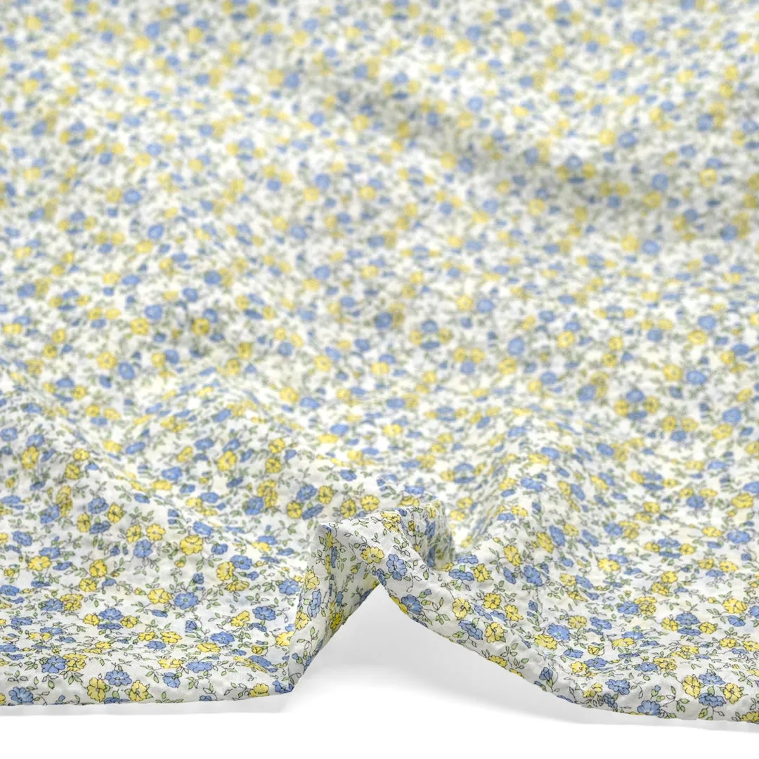 Remnant - 1.5m - Prairie Floral Crinkle Cotton - White/Lemon/Cornflower