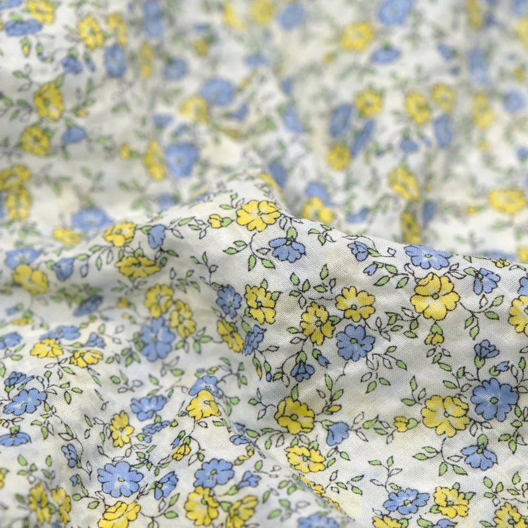 Remnant - 1.5m - Prairie Floral Crinkle Cotton - White/Lemon/Cornflower