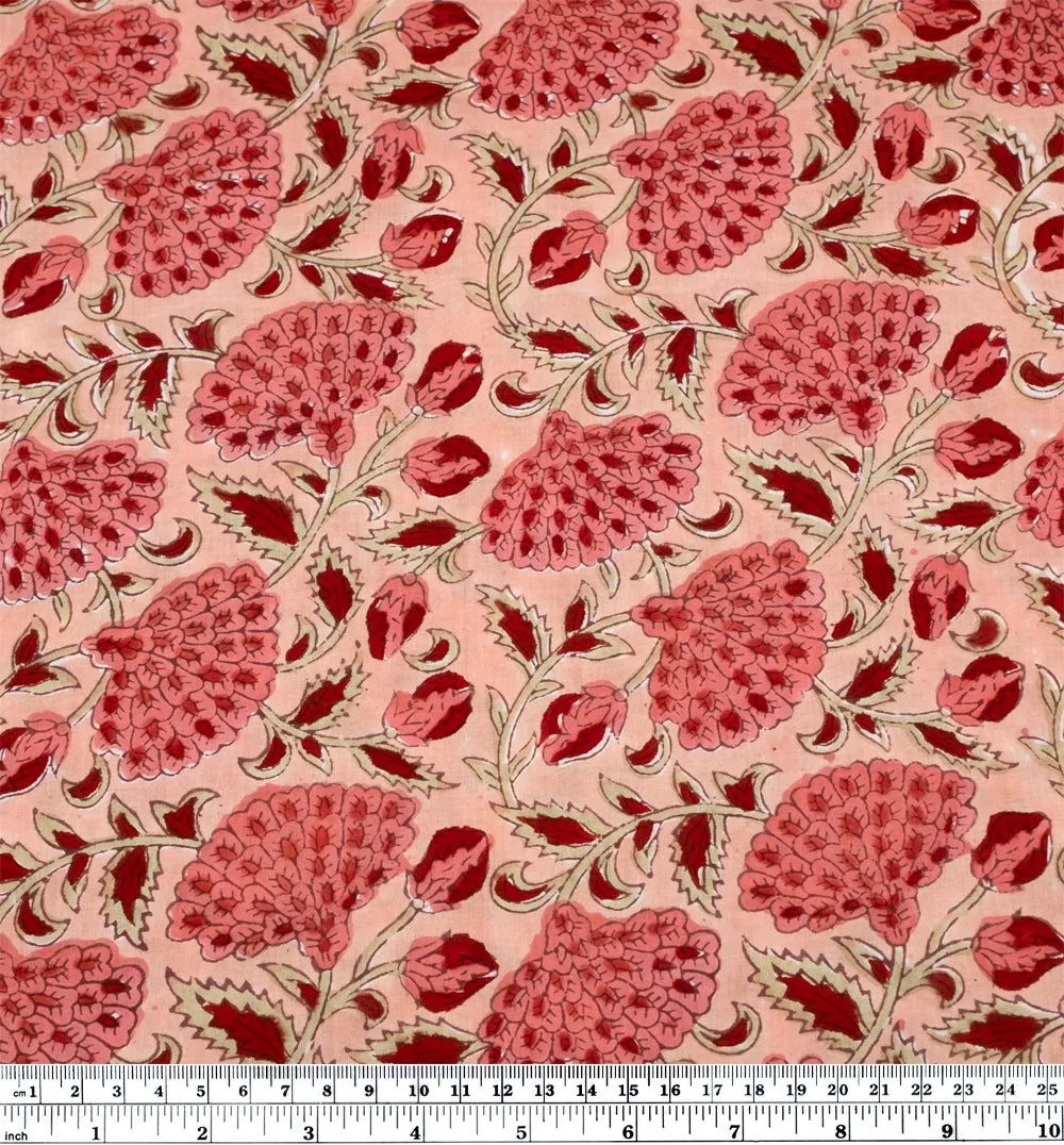 Remnant - 1.6m - Vine Block Printed Organic Cotton Batiste - Flamingo/Taffy/Crimson