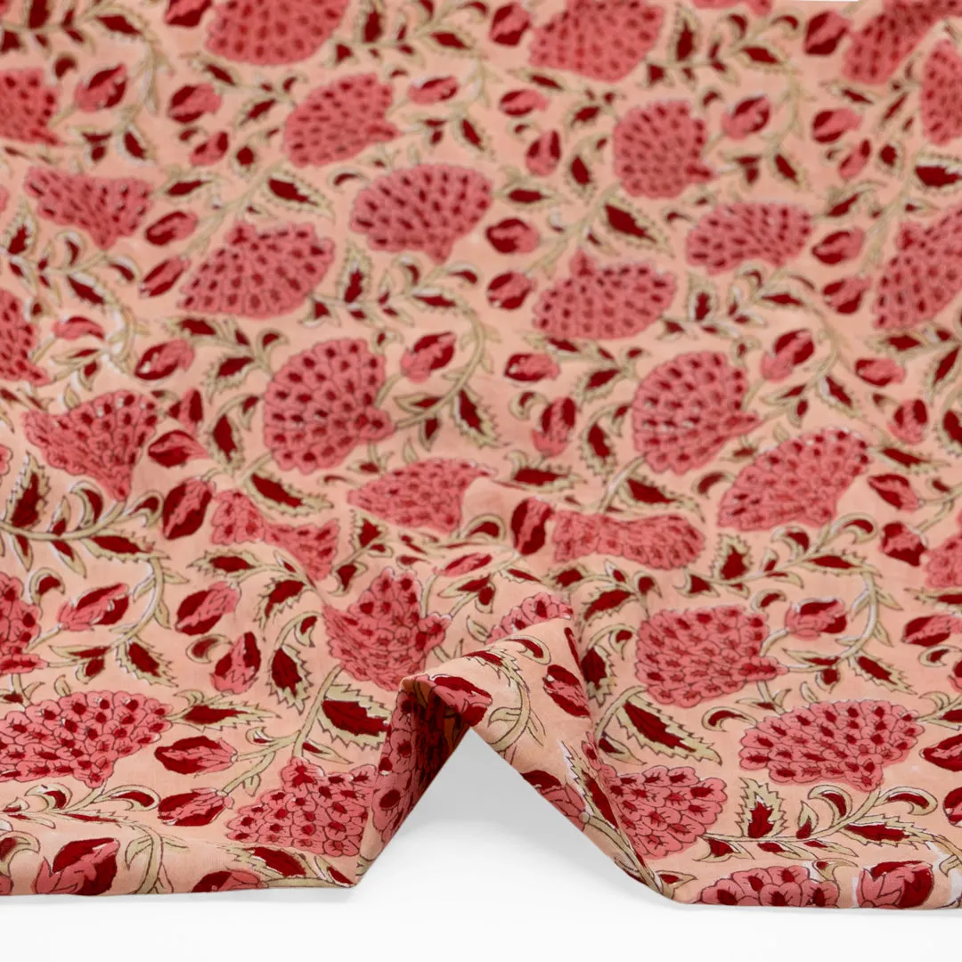 Remnant - 1.6m - Vine Block Printed Organic Cotton Batiste - Flamingo/Taffy/Crimson