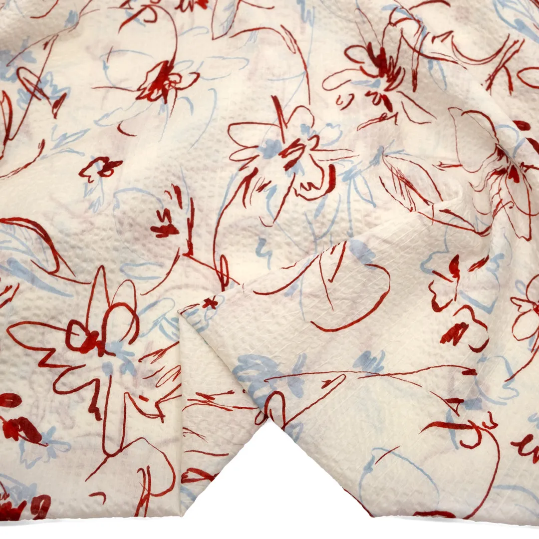 Remnant - 1.7m - Garden Doodles Crinkle Cotton - Ivory/Red/Blue