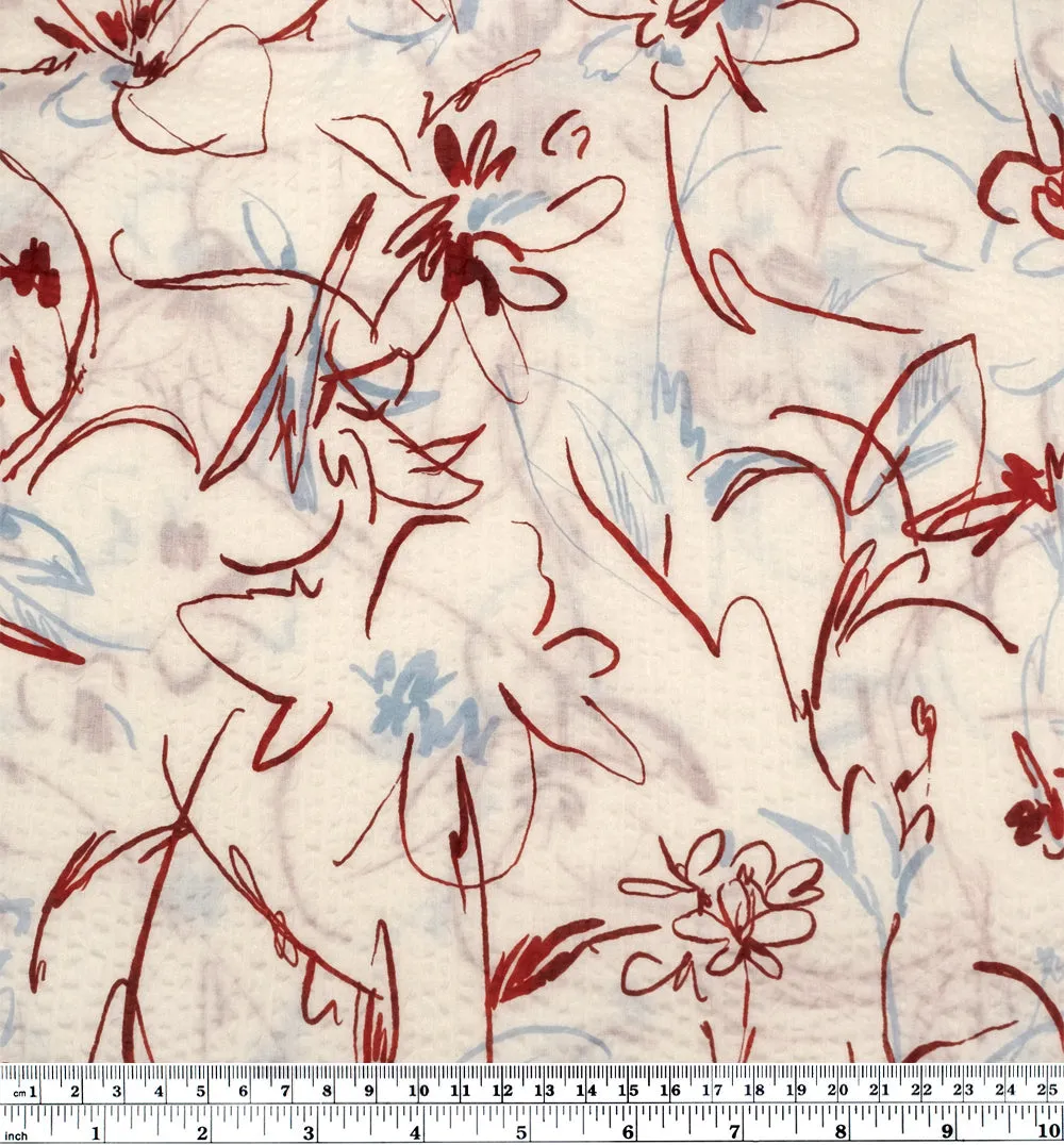 Remnant - 1.7m - Garden Doodles Crinkle Cotton - Ivory/Red/Blue