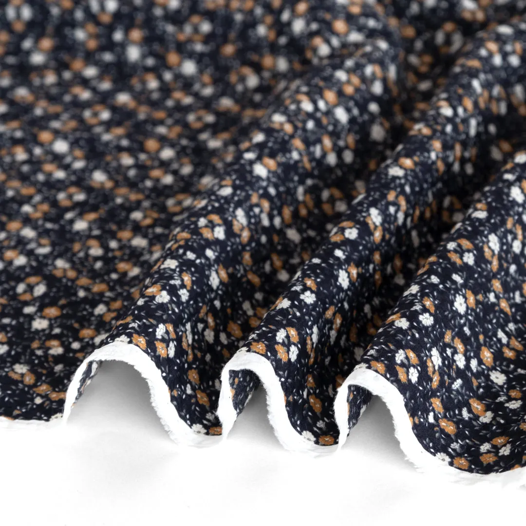 Remnant - 1.7m - Prairie Floral Crinkle Cotton - Navy/Biscuit/White