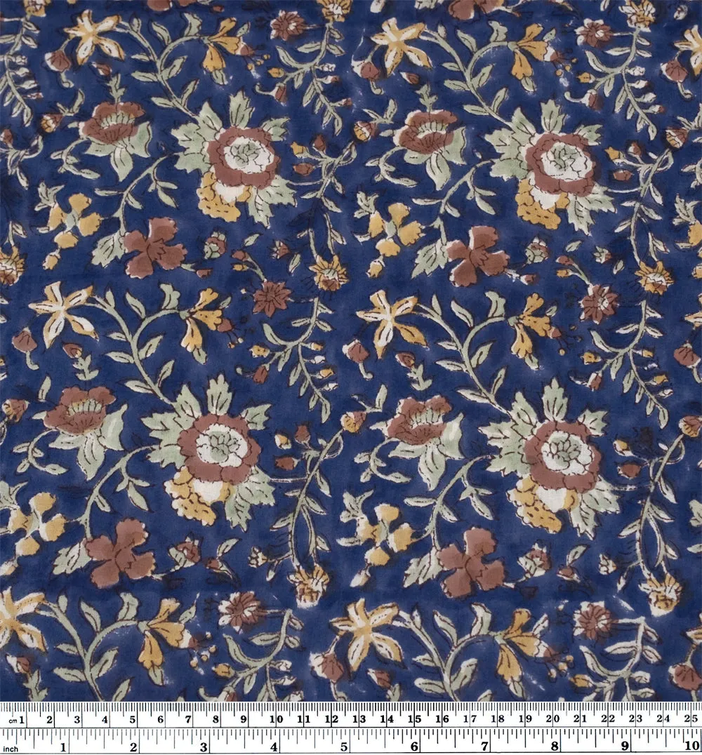 Remnant - 1.9m - Tapestry Block Printed Organic Cotton Batiste - Blueberry/Mint/Hay