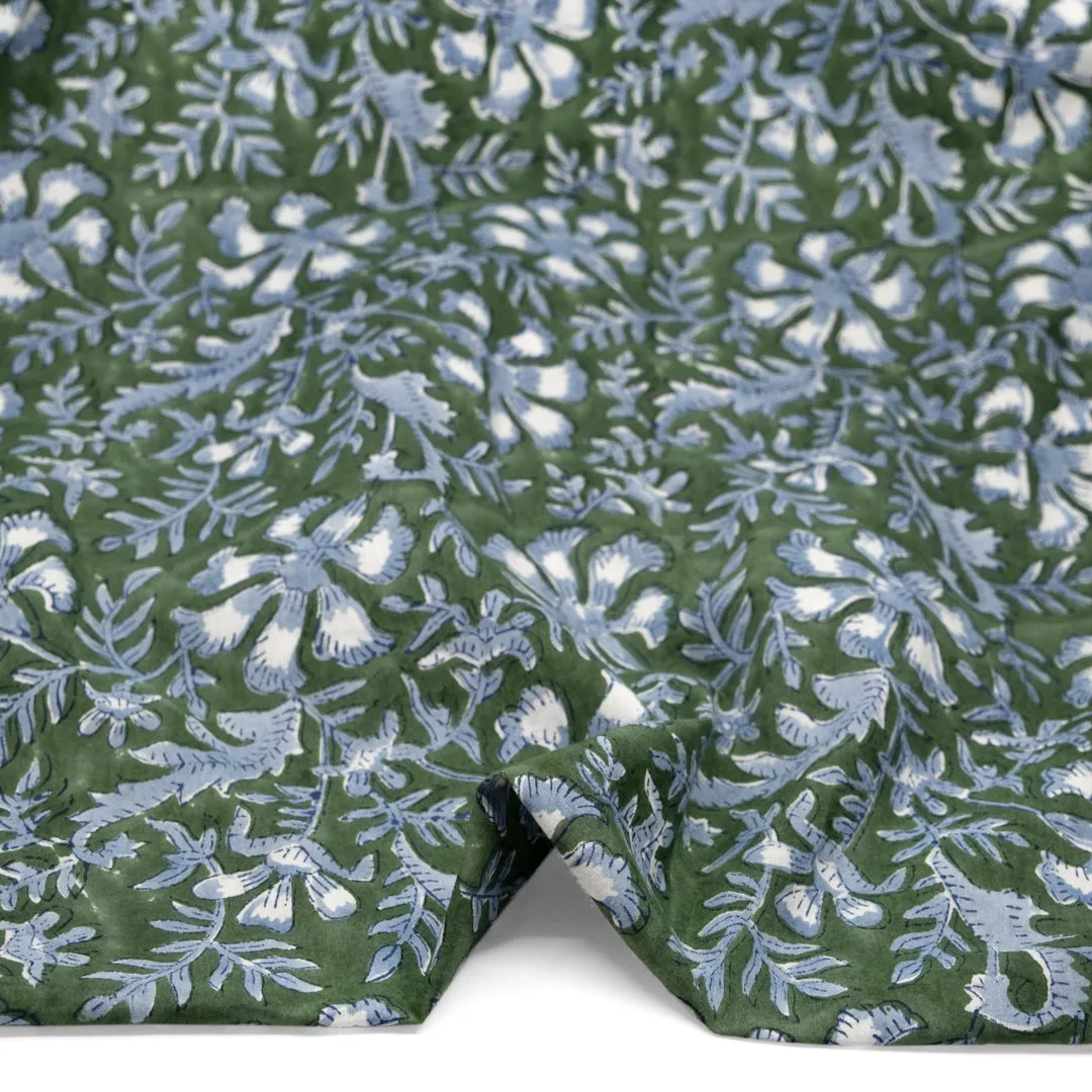 Remnant - 2.1m - Vine Block Printed Organic Cotton Batiste - Dill/Bluestone/White