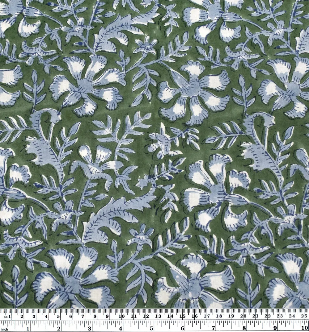 Remnant - 2.1m - Vine Block Printed Organic Cotton Batiste - Dill/Bluestone/White