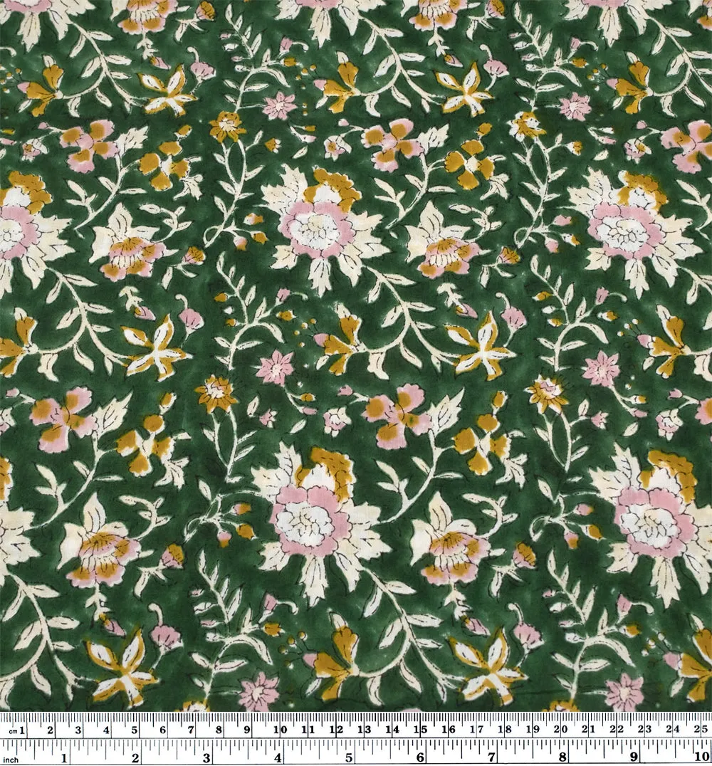 Remnant - 2.6m - Tapestry Block Printed Organic Cotton Batiste - Emerald/Carnation