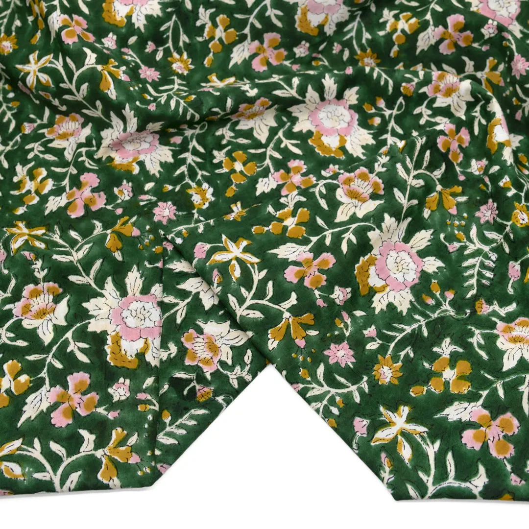 Remnant - 70cm - Tapestry Block Printed Organic Cotton Batiste - Emerald/Carnation