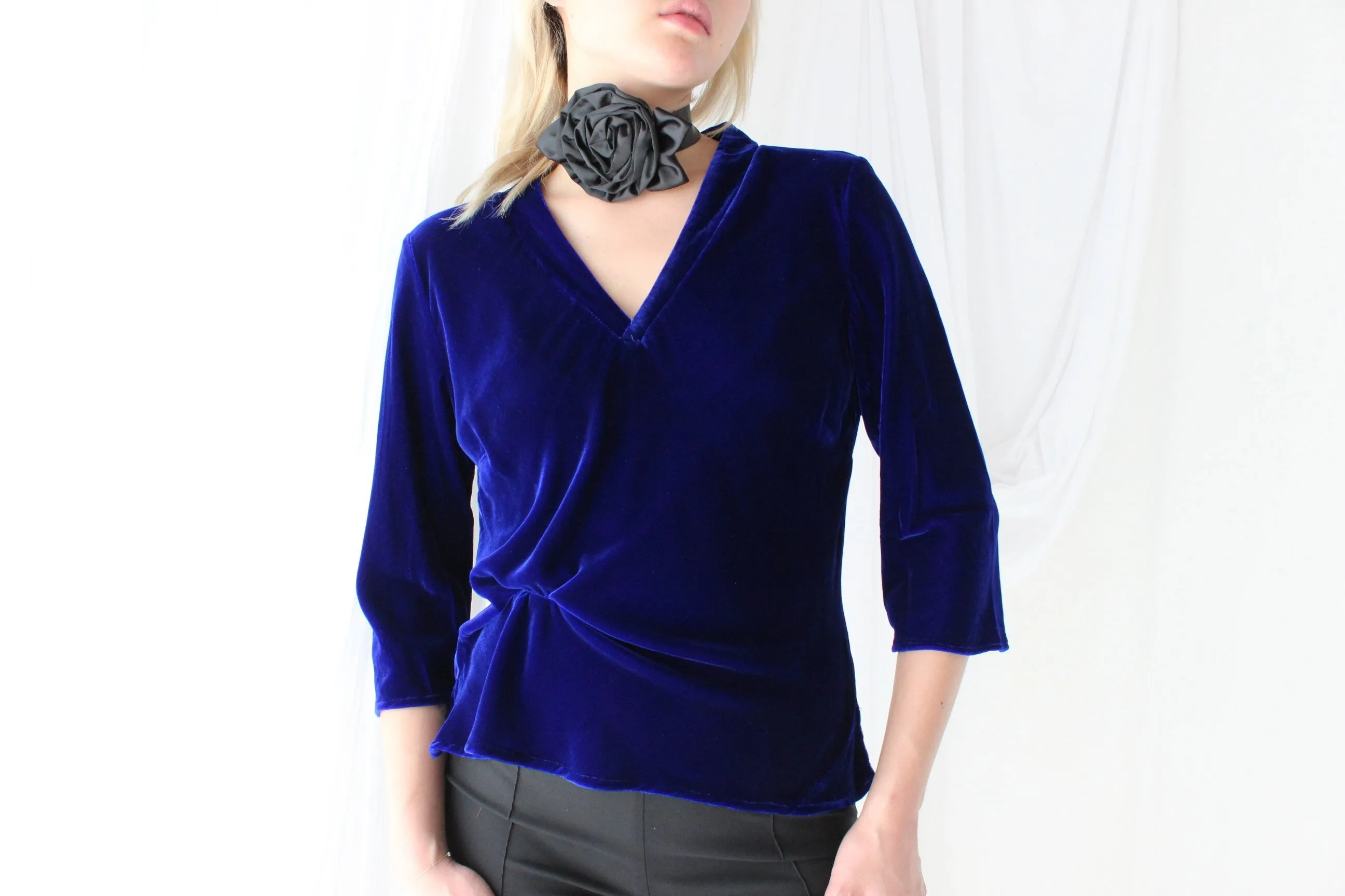 Romantic 90s SILK VELVET Deep Blue V Neck Bias Cut Top