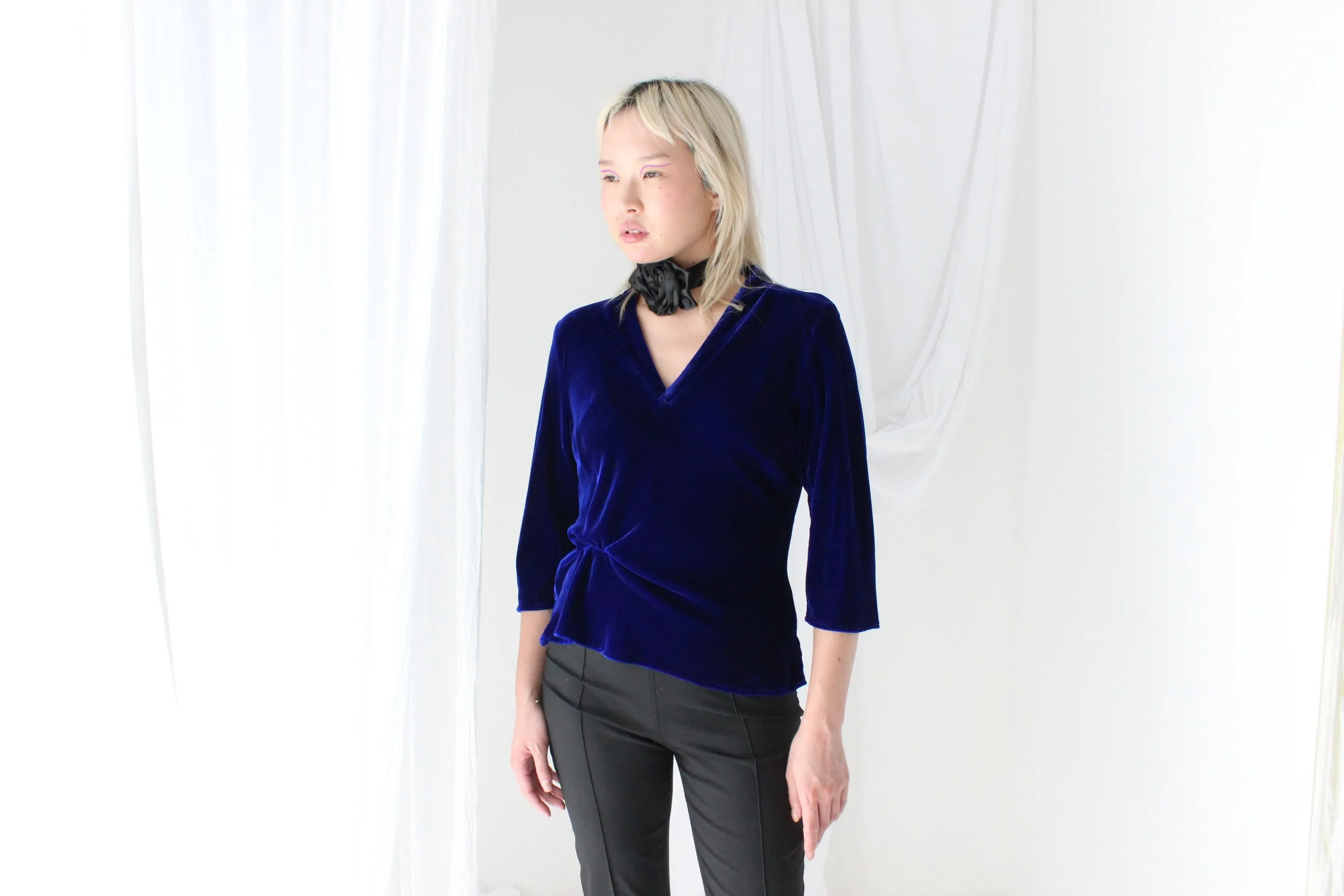 Romantic 90s SILK VELVET Deep Blue V Neck Bias Cut Top