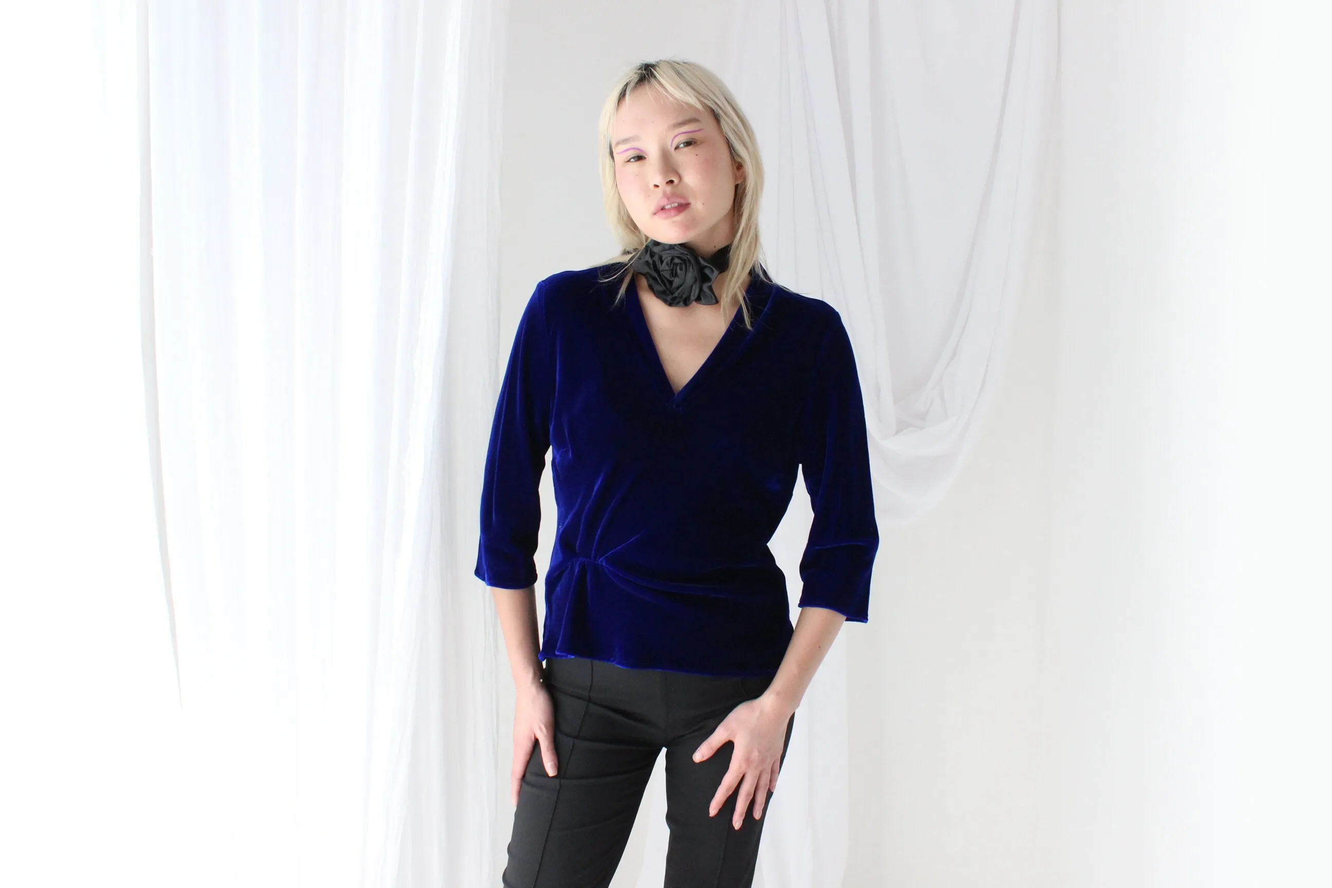 Romantic 90s SILK VELVET Deep Blue V Neck Bias Cut Top