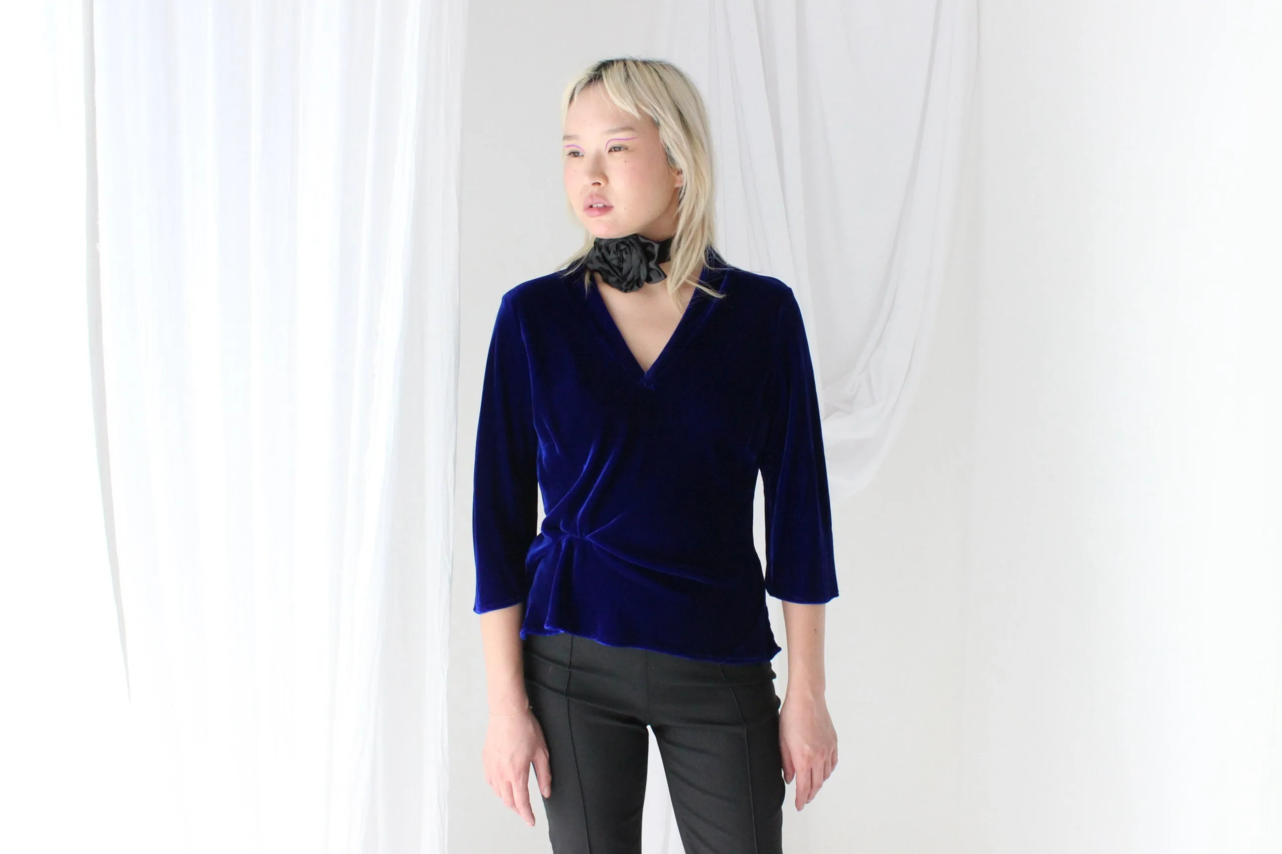 Romantic 90s SILK VELVET Deep Blue V Neck Bias Cut Top