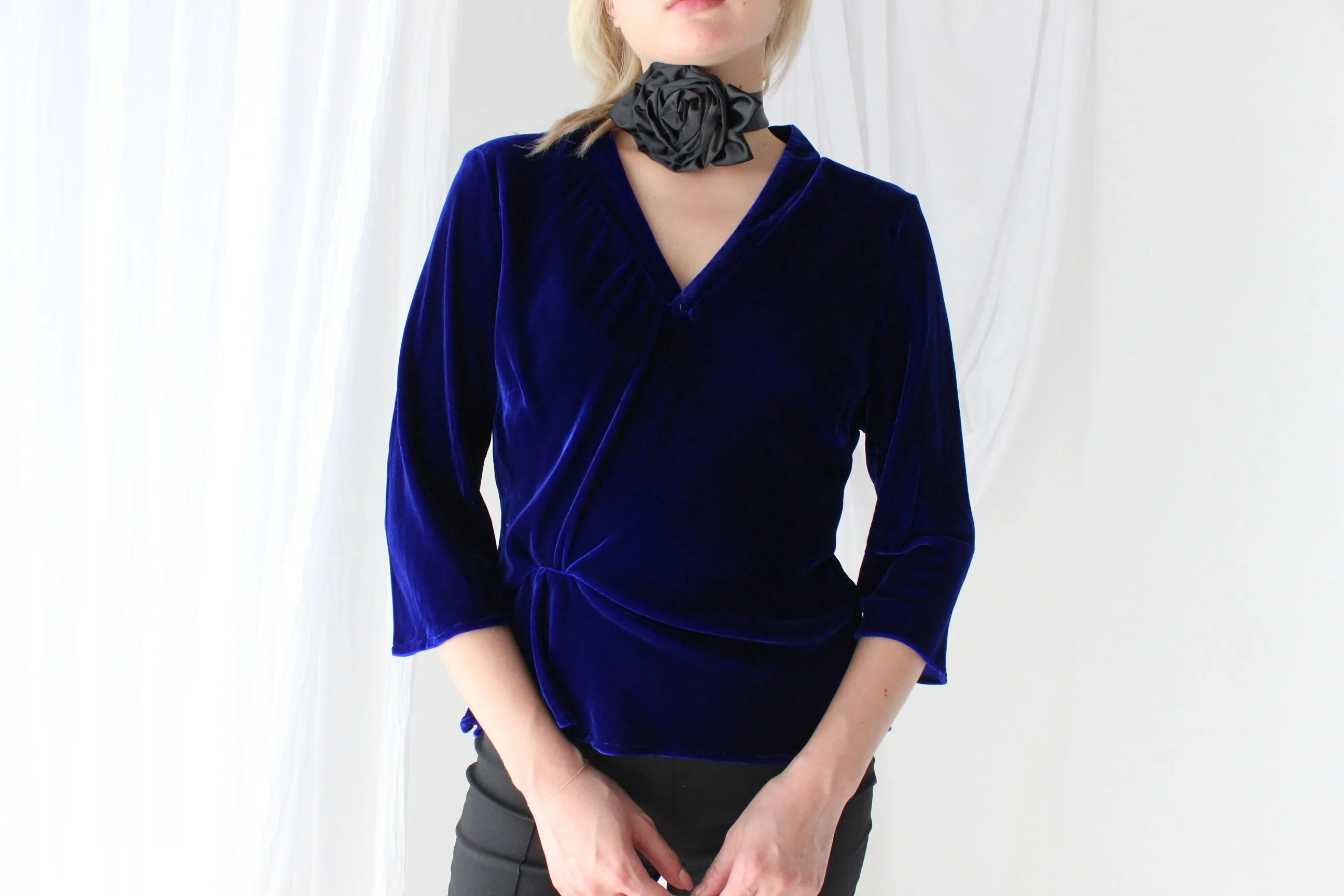 Romantic 90s SILK VELVET Deep Blue V Neck Bias Cut Top