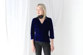 Romantic 90s SILK VELVET Deep Blue V Neck Bias Cut Top