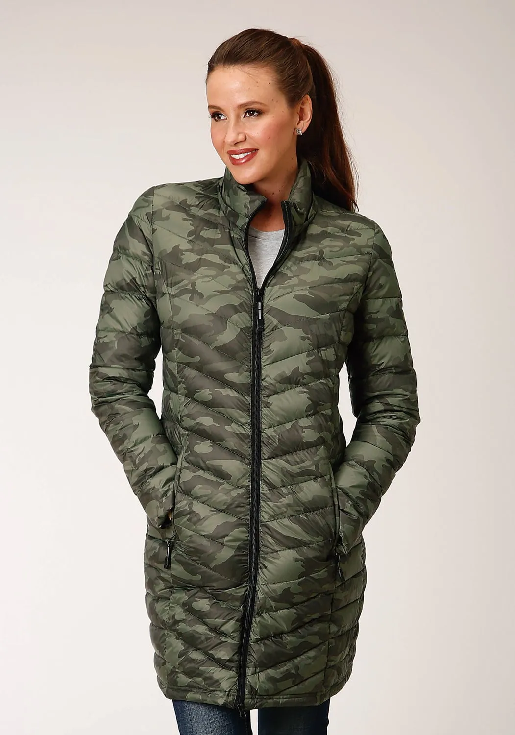 Roper Womens Camo Nylon Down Filled Fur Coat