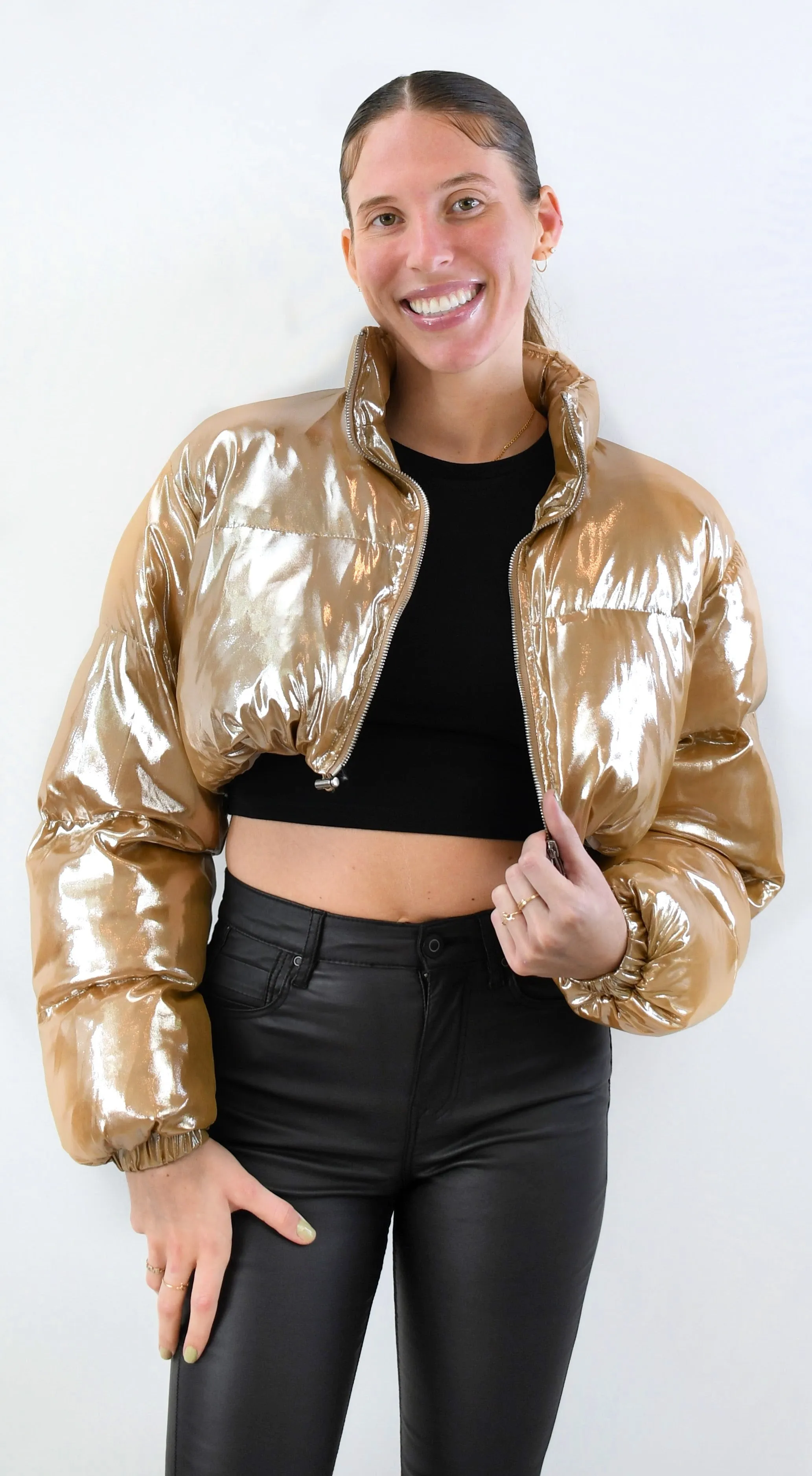 Shimmers of Gold Cropped Puffer Jacket