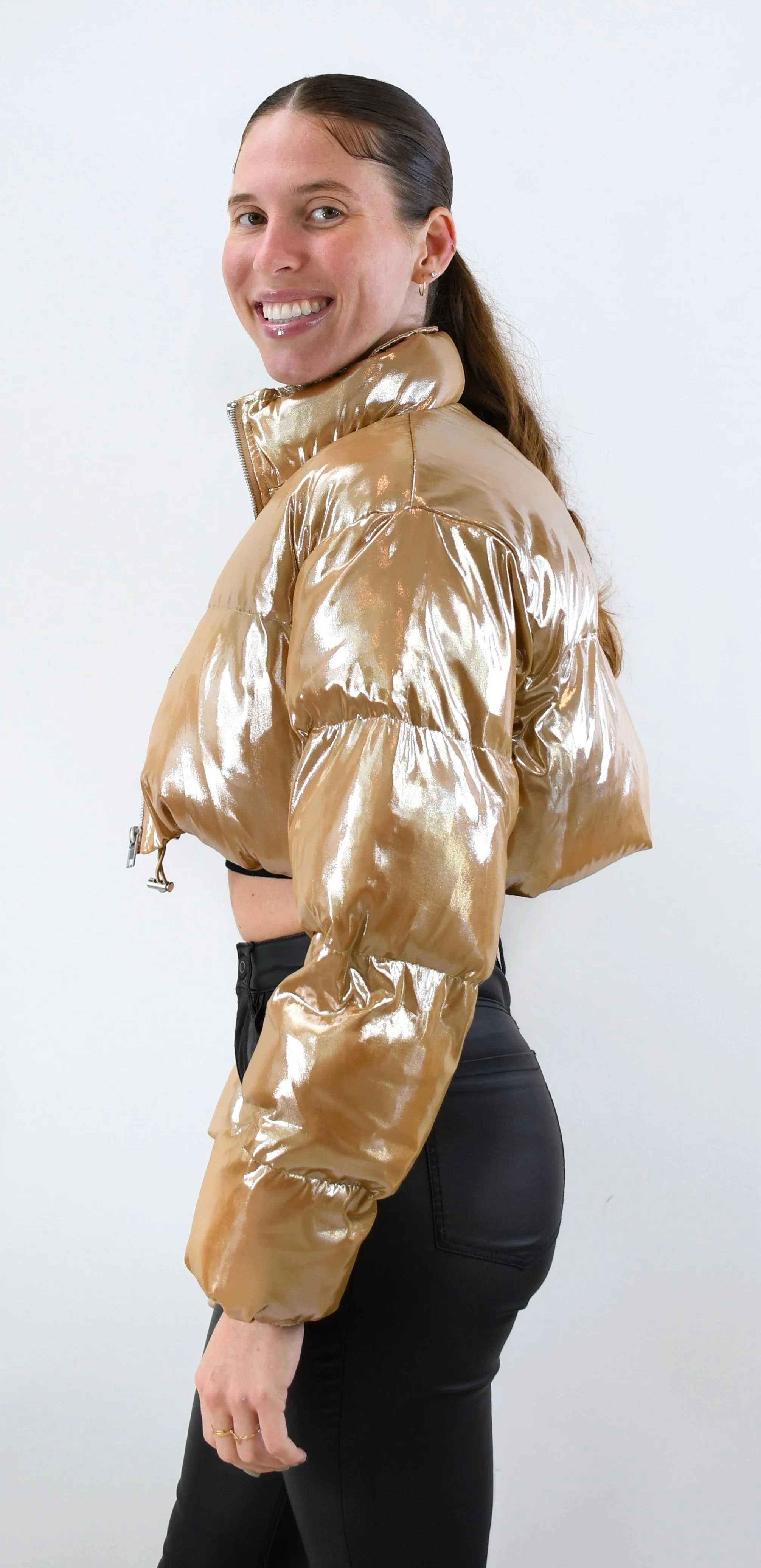 Shimmers of Gold Cropped Puffer Jacket