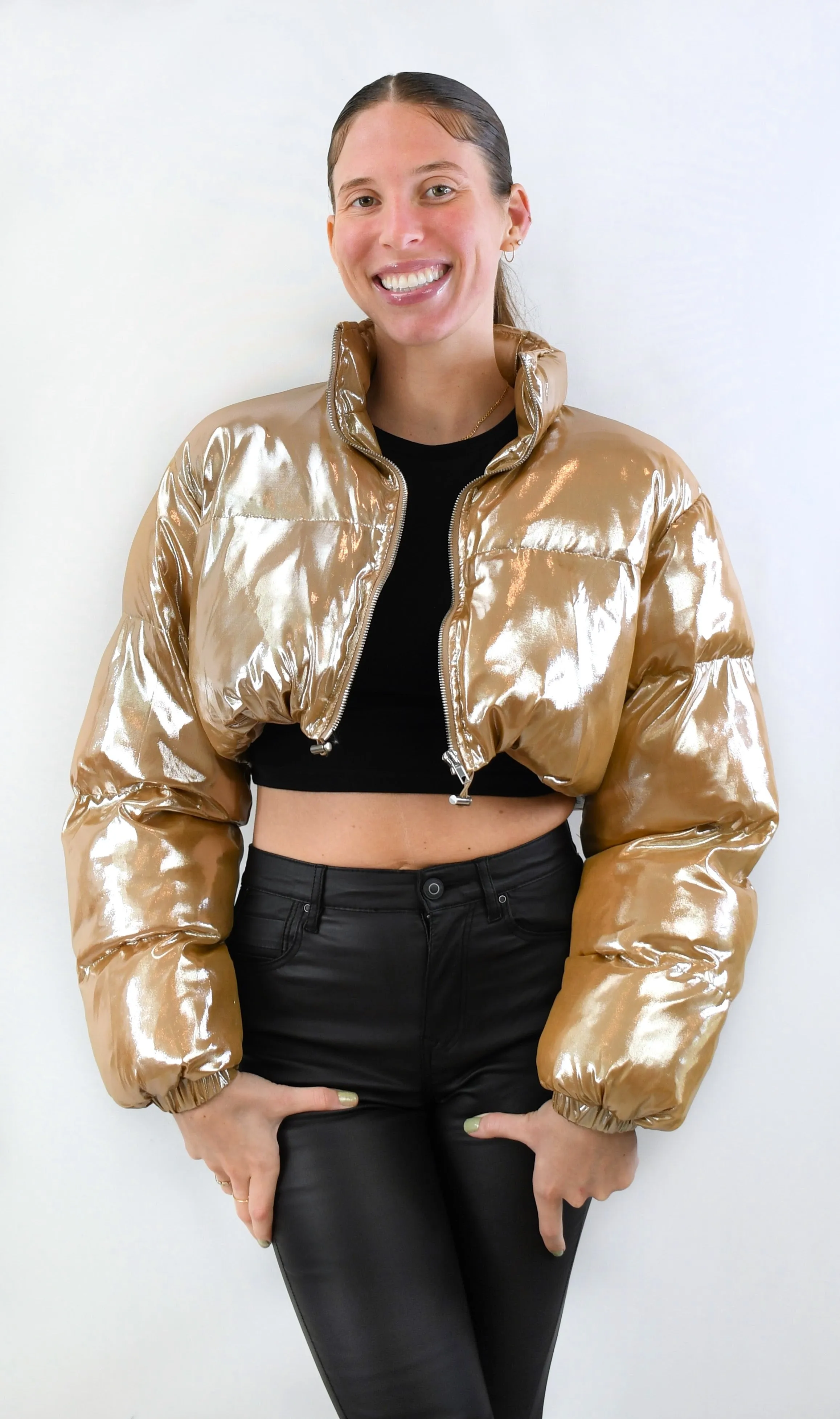 Shimmers of Gold Cropped Puffer Jacket