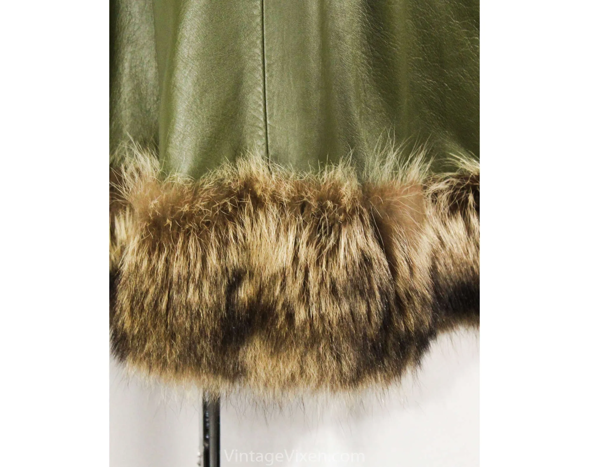 Size 10 Bonnie Cashin Leather Coat - 1960s Haute Designer Overcoat with Posh Fur Trim & Pockets - Spinach Green - Brass Toggles - Bust 36