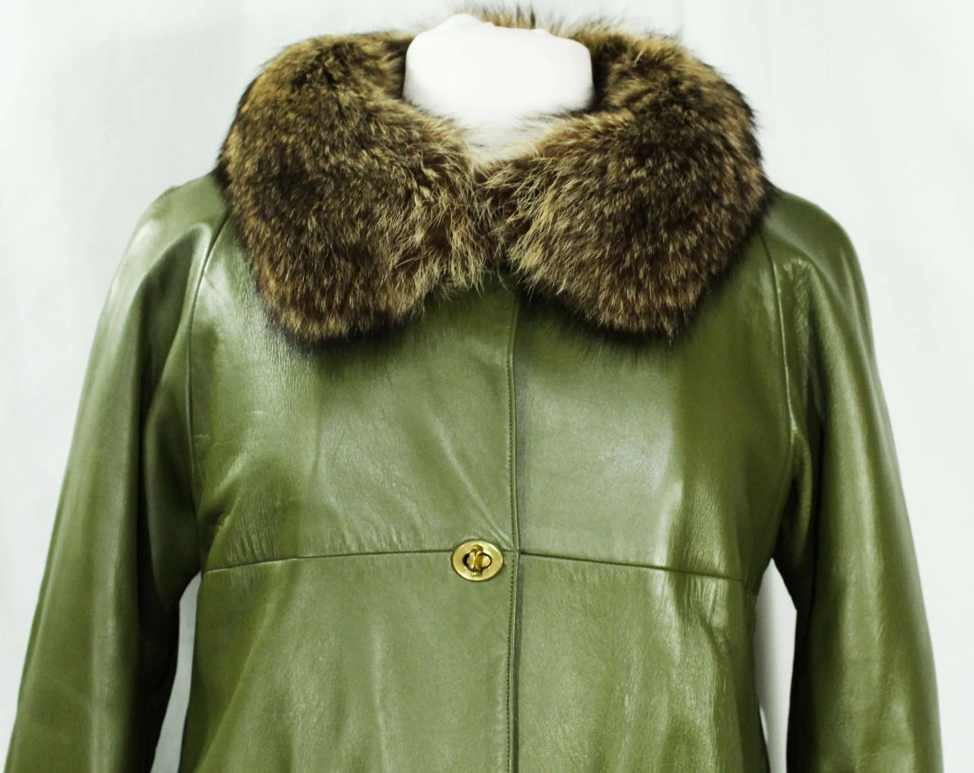 Size 10 Bonnie Cashin Leather Coat - 1960s Haute Designer Overcoat with Posh Fur Trim & Pockets - Spinach Green - Brass Toggles - Bust 36