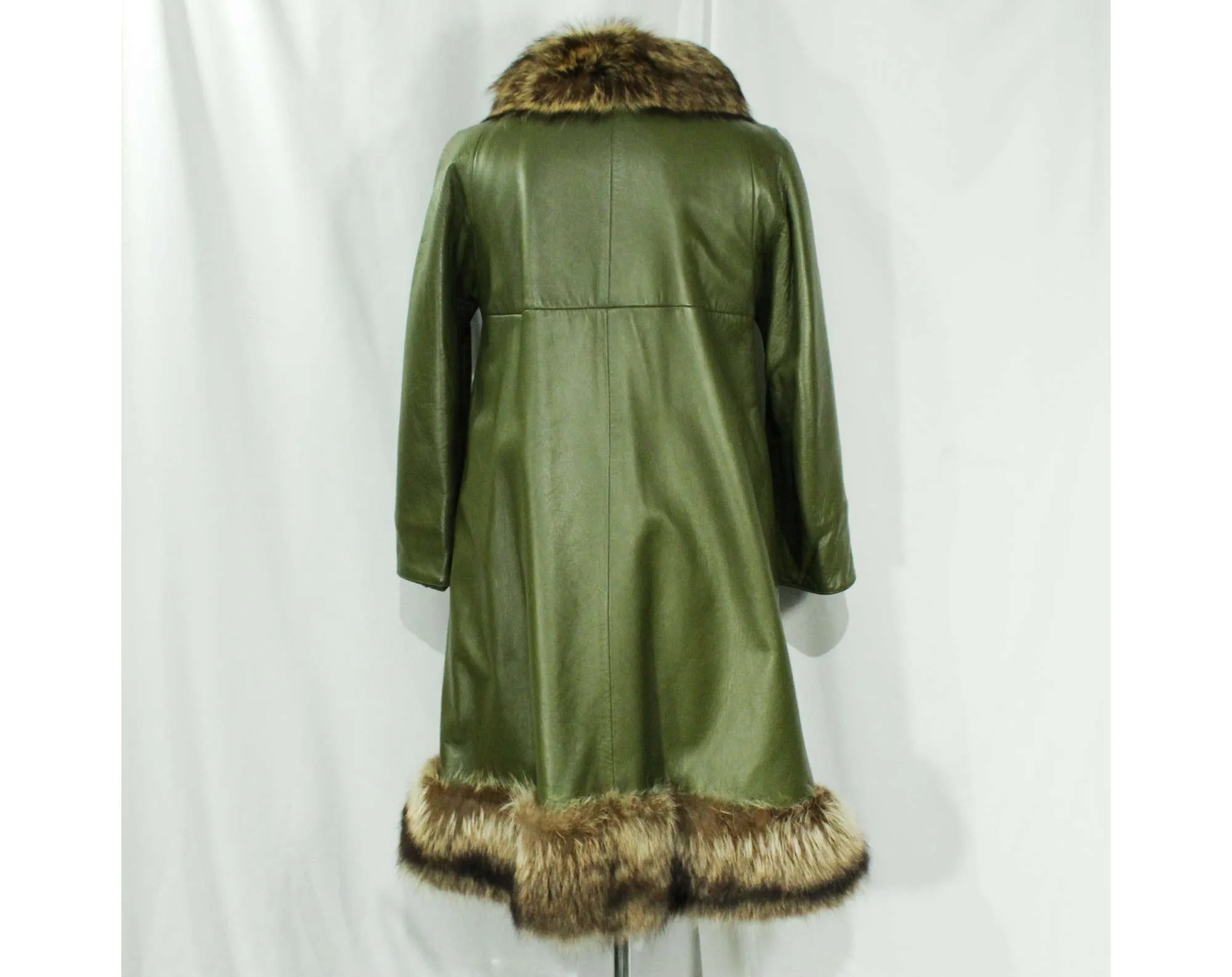 Size 10 Bonnie Cashin Leather Coat - 1960s Haute Designer Overcoat with Posh Fur Trim & Pockets - Spinach Green - Brass Toggles - Bust 36