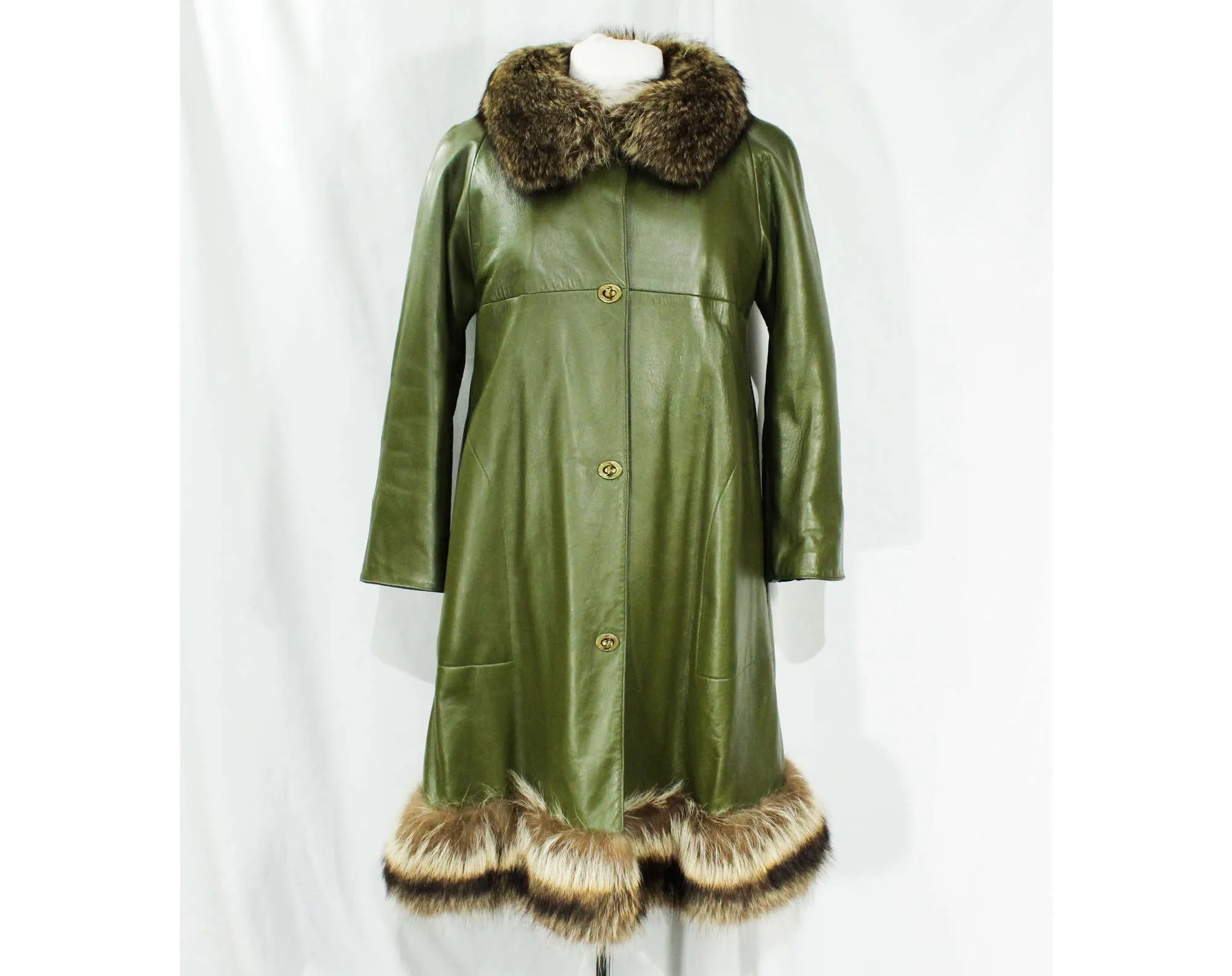 Size 10 Bonnie Cashin Leather Coat - 1960s Haute Designer Overcoat with Posh Fur Trim & Pockets - Spinach Green - Brass Toggles - Bust 36