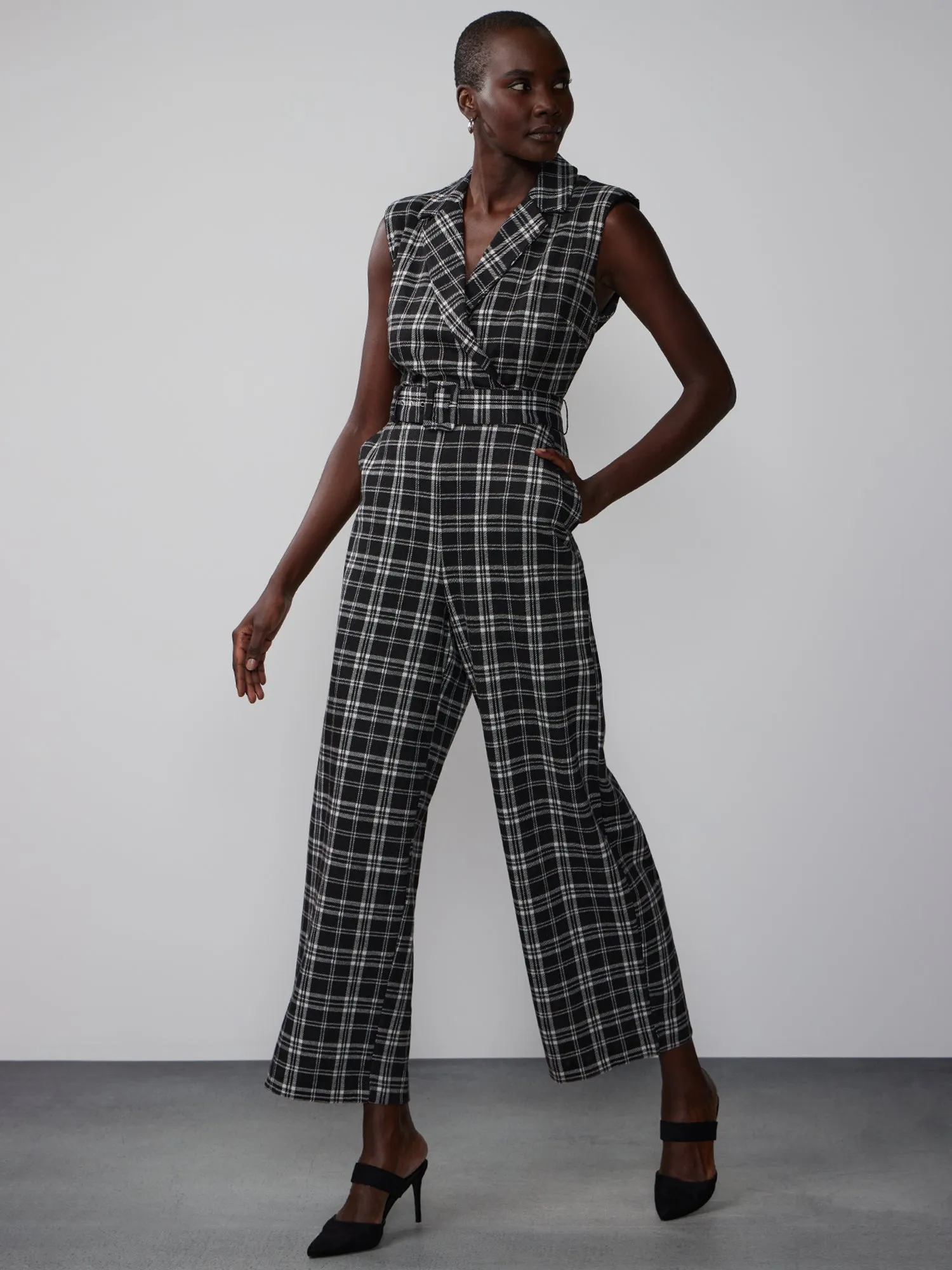 Sleeveless Belted Plaid Jumpsuit