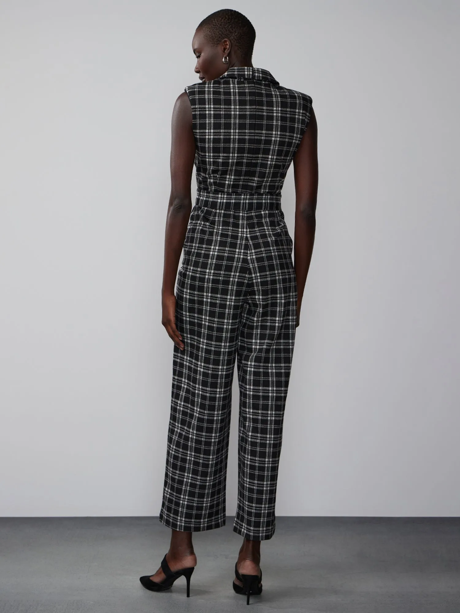 Sleeveless Belted Plaid Jumpsuit