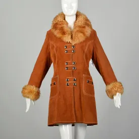 Small 1970s Suede Shearling Coat Boho Leather Sherpa Outerwear